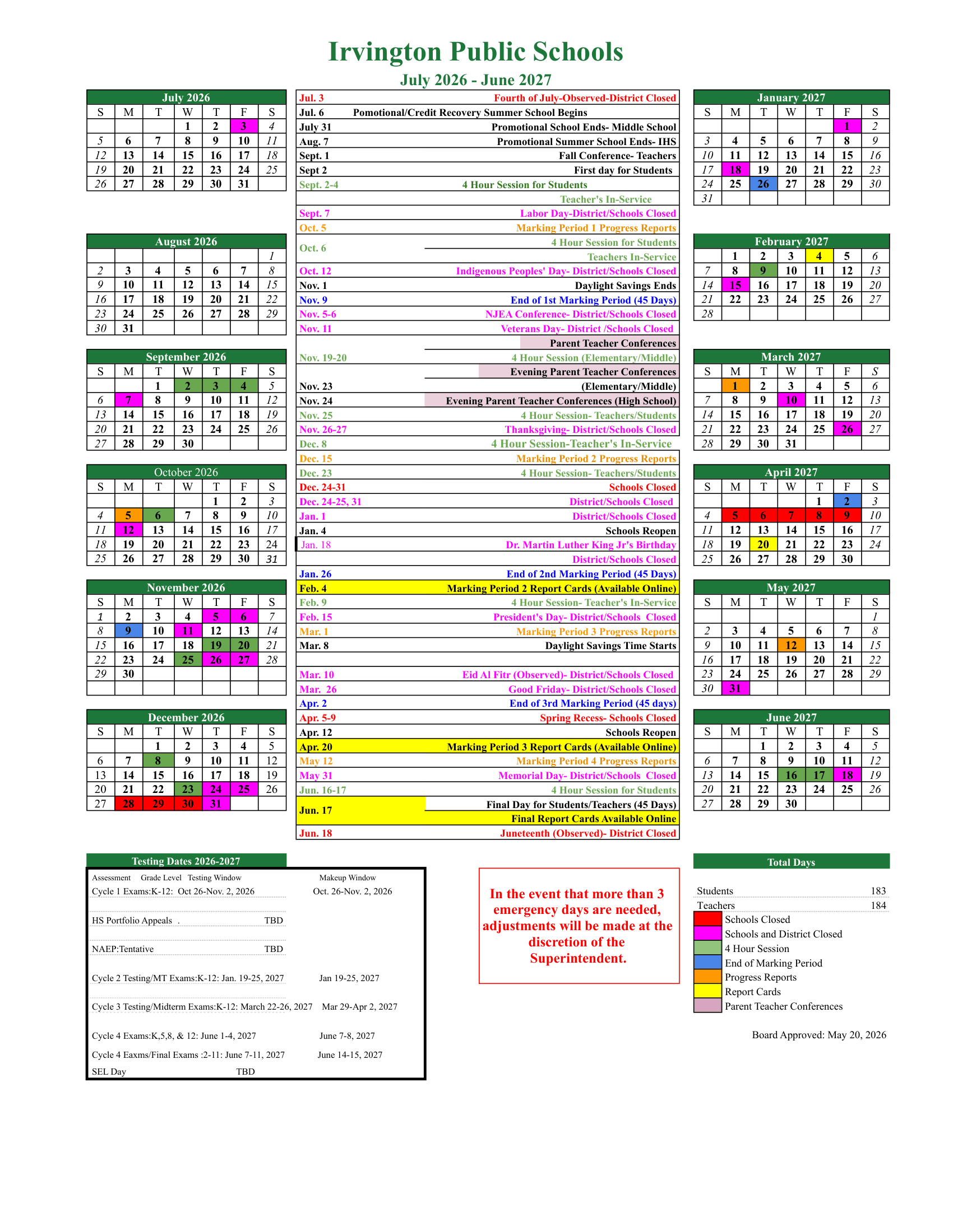 Irvington Public Schools Calendar 26-27 PDF