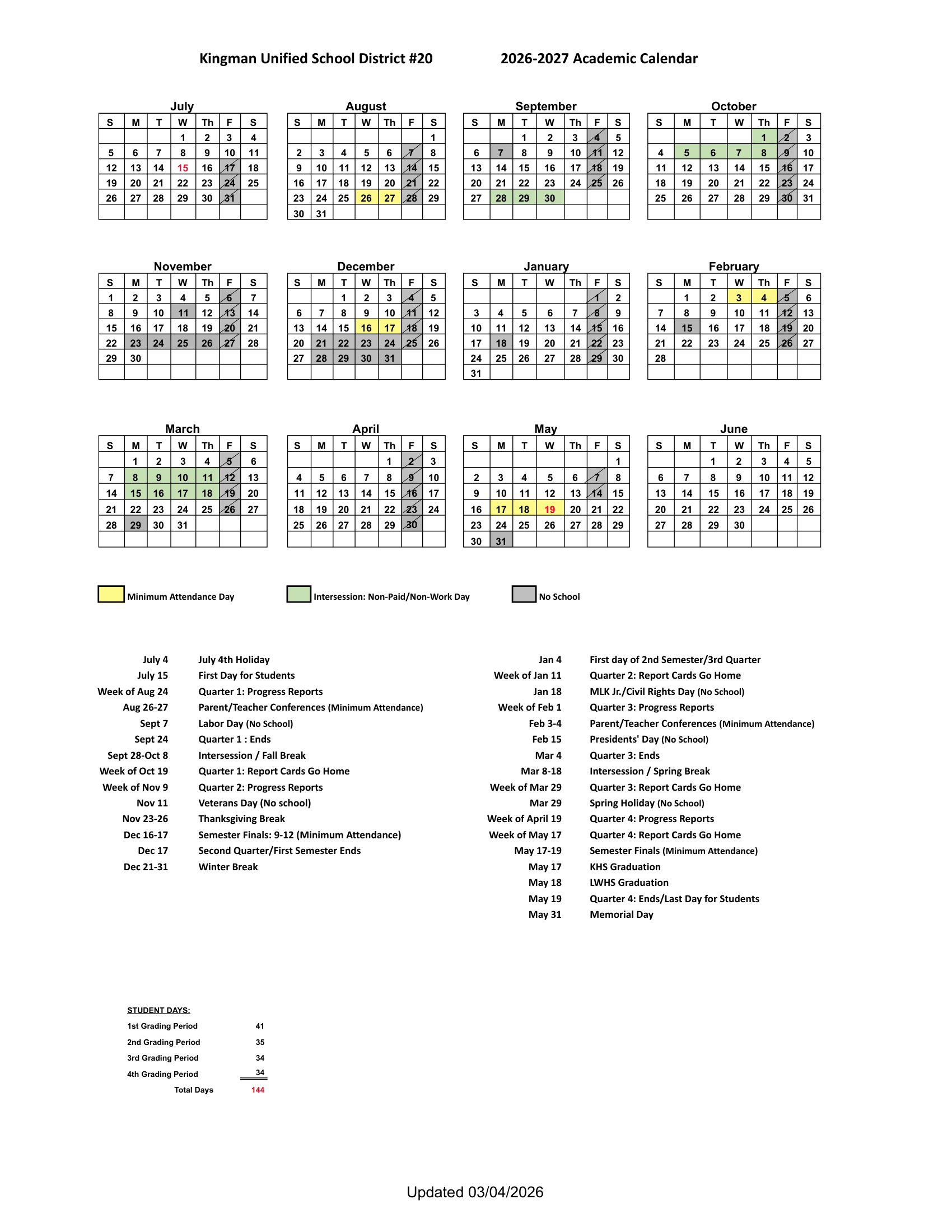 Kingman Unified School District #20 Calendar 26-27 Revised