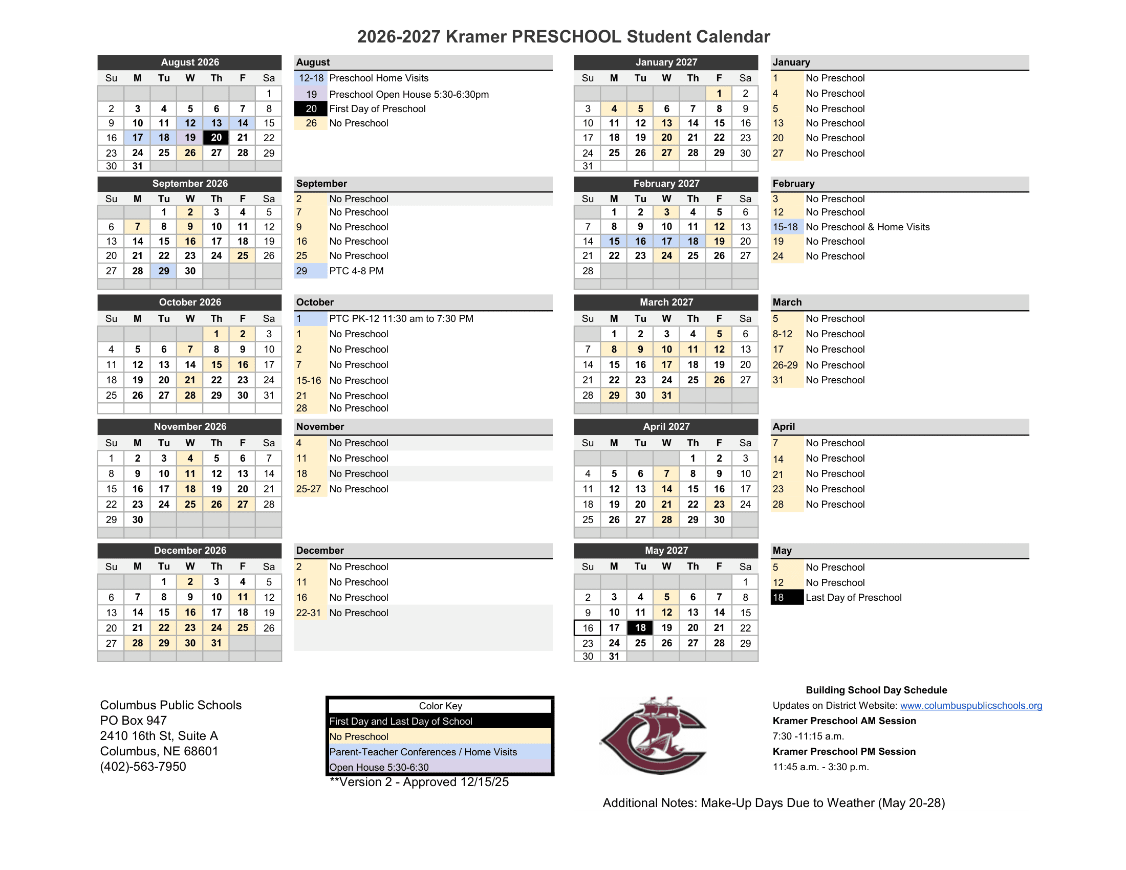 Kramer Preschool Calendar 26-27 Revised