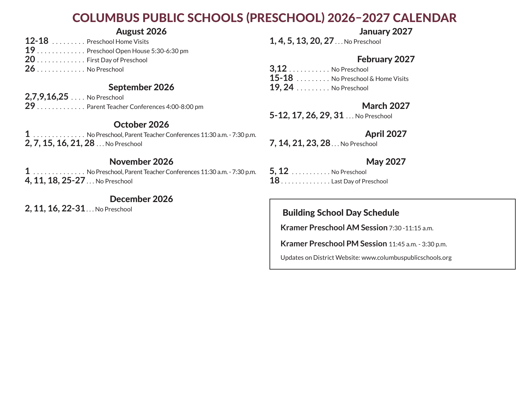 Kramer Preschool Calendar 26-27 Revised