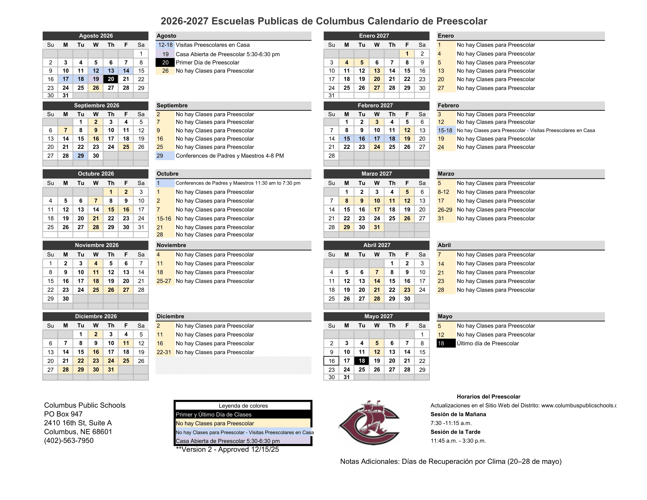 Kramer Preschool Calendar 26-27 Revised