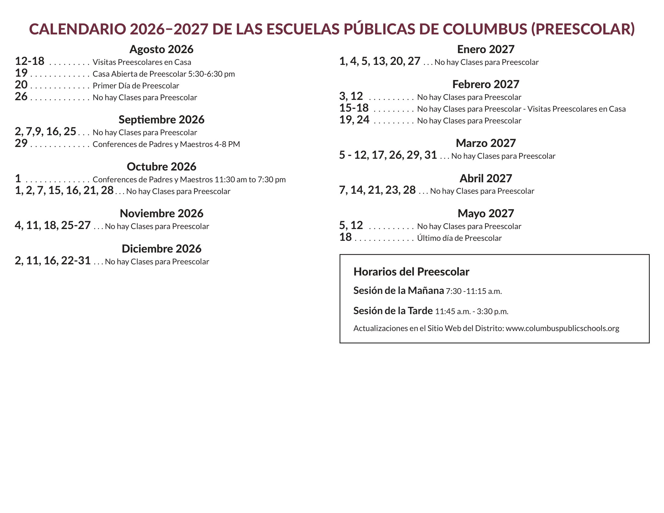 Kramer Preschool Calendar 26-27 Revised