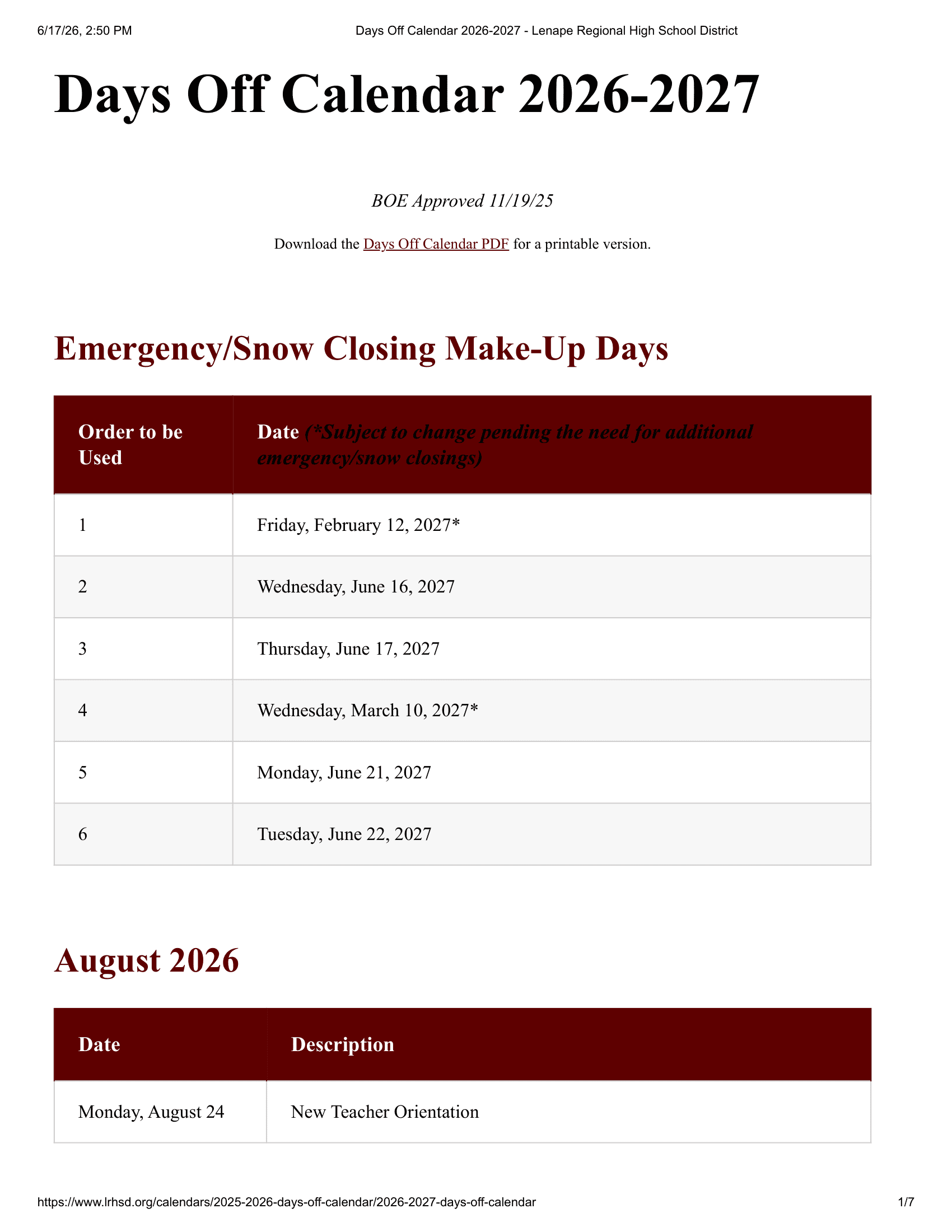 Lenape Regional High School District Calendar 26-27 PDF