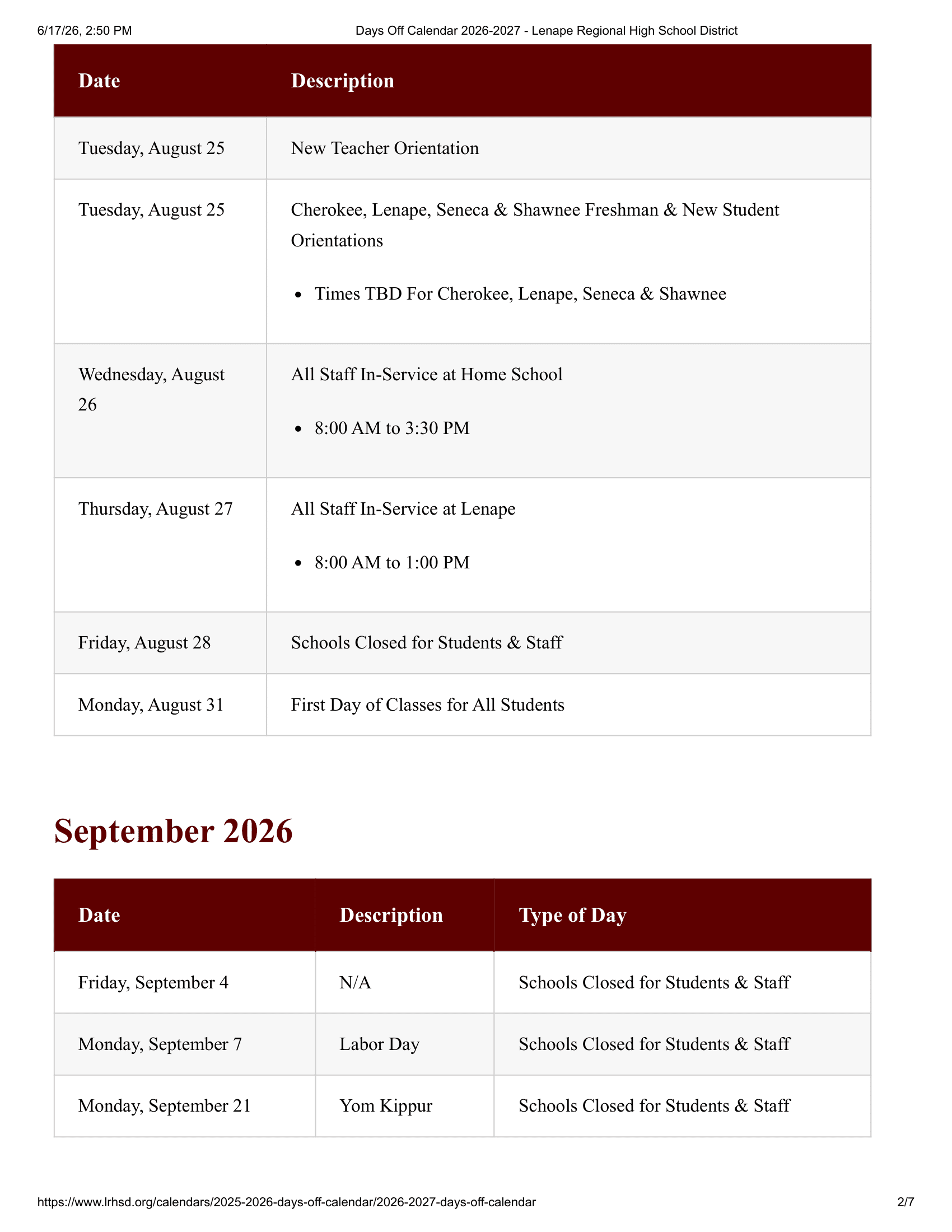 Lenape Regional High School District Calendar 26-27 PDF