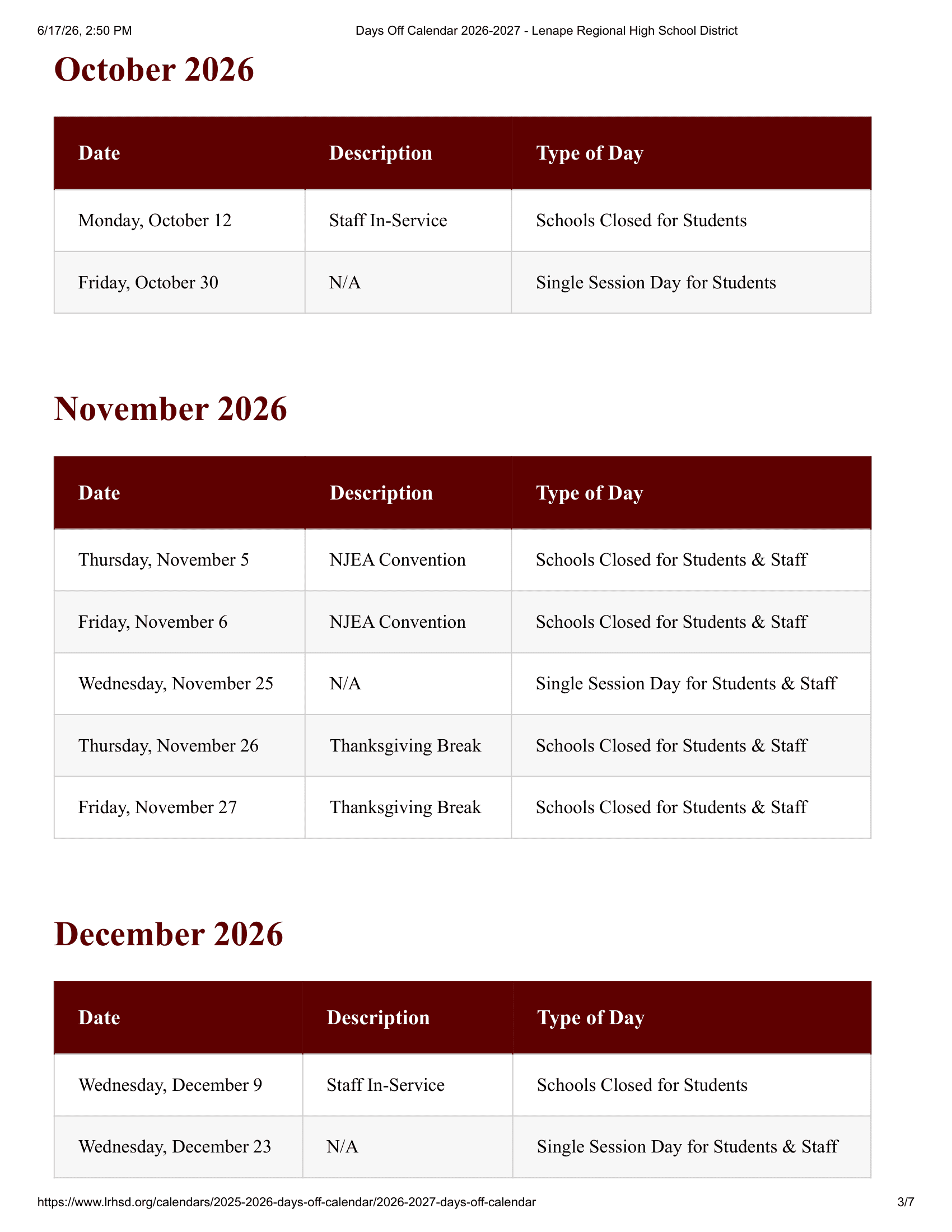 Lenape Regional High School District Calendar 26-27 PDF