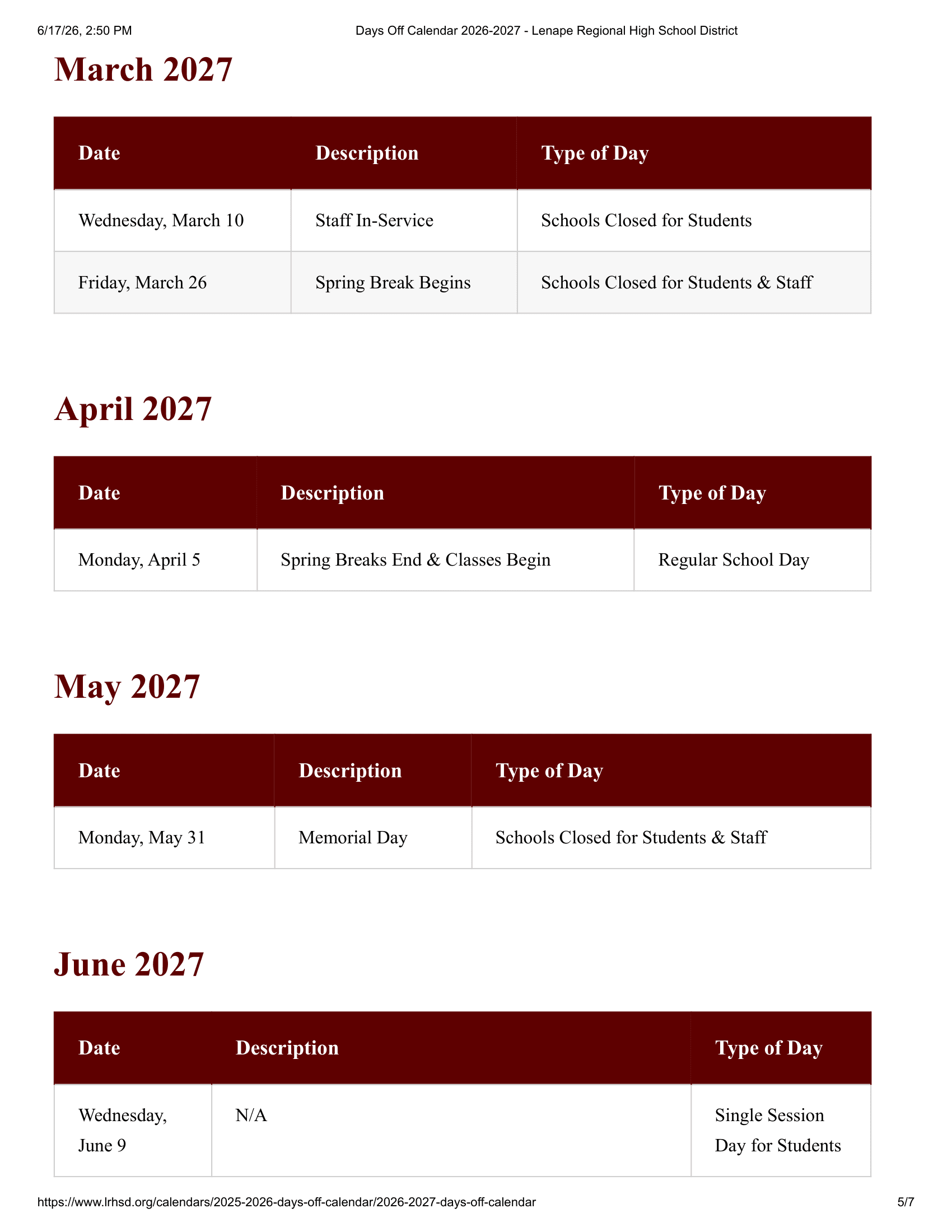 Lenape Regional High School District Calendar 26-27 PDF