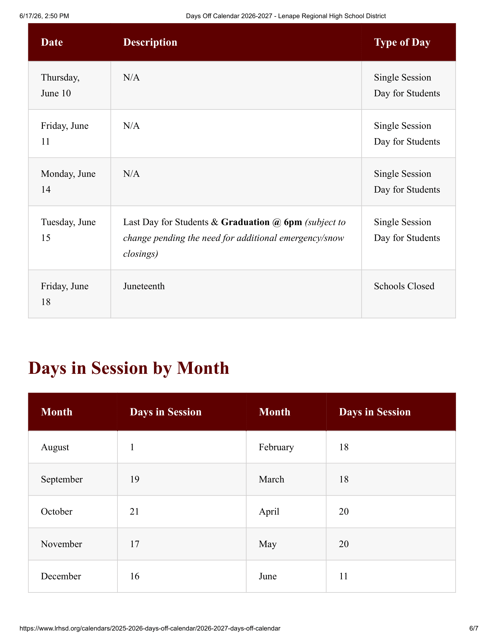Lenape Regional High School District Calendar 26-27 PDF