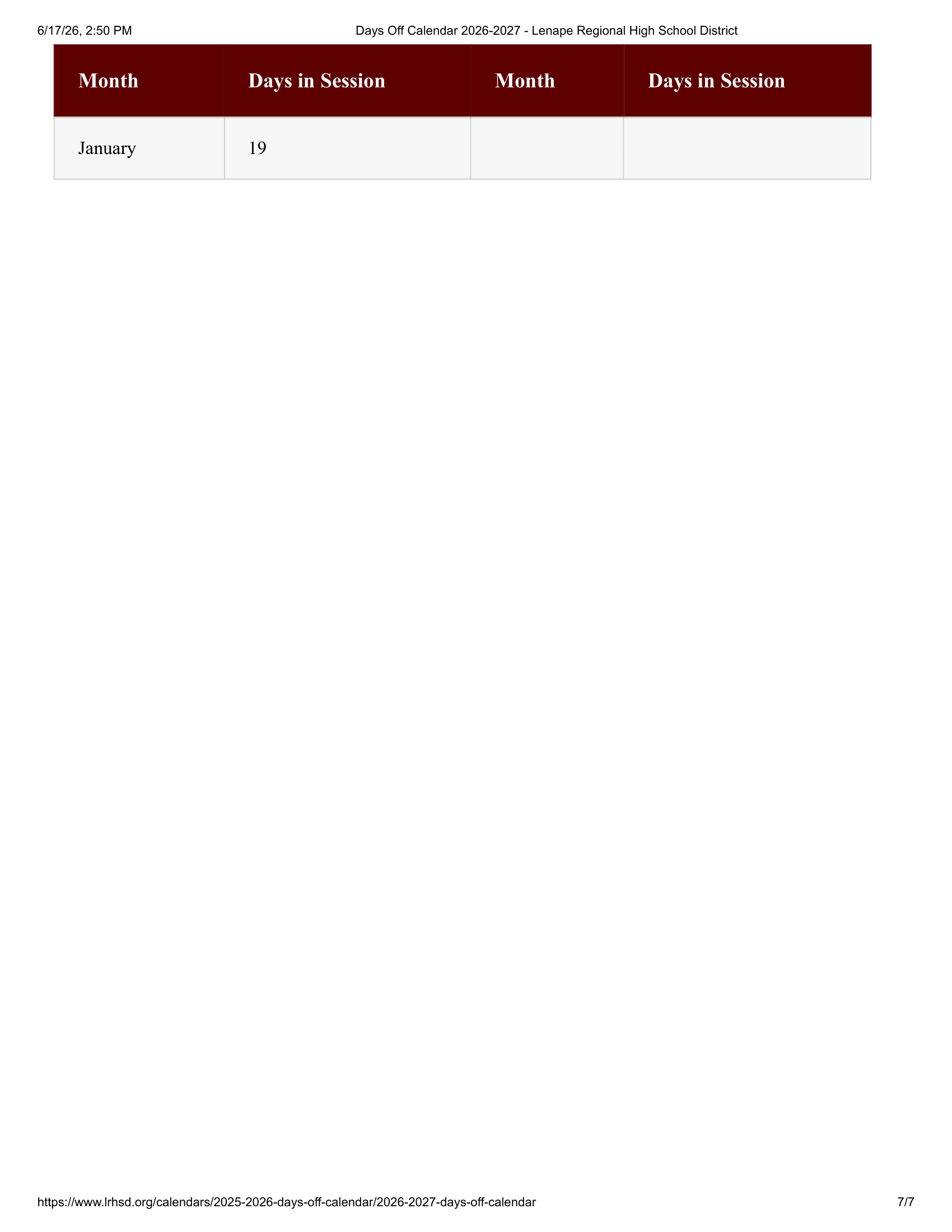 Lenape Regional High School District Calendar 26-27 PDF