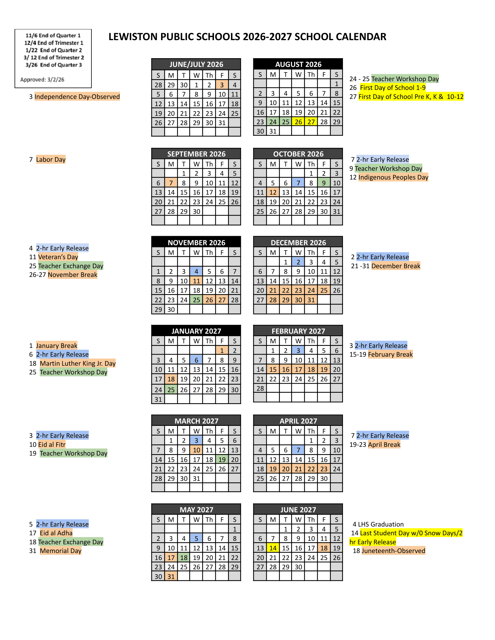 Lewiston Public Schools Calendar 26-27 Revised