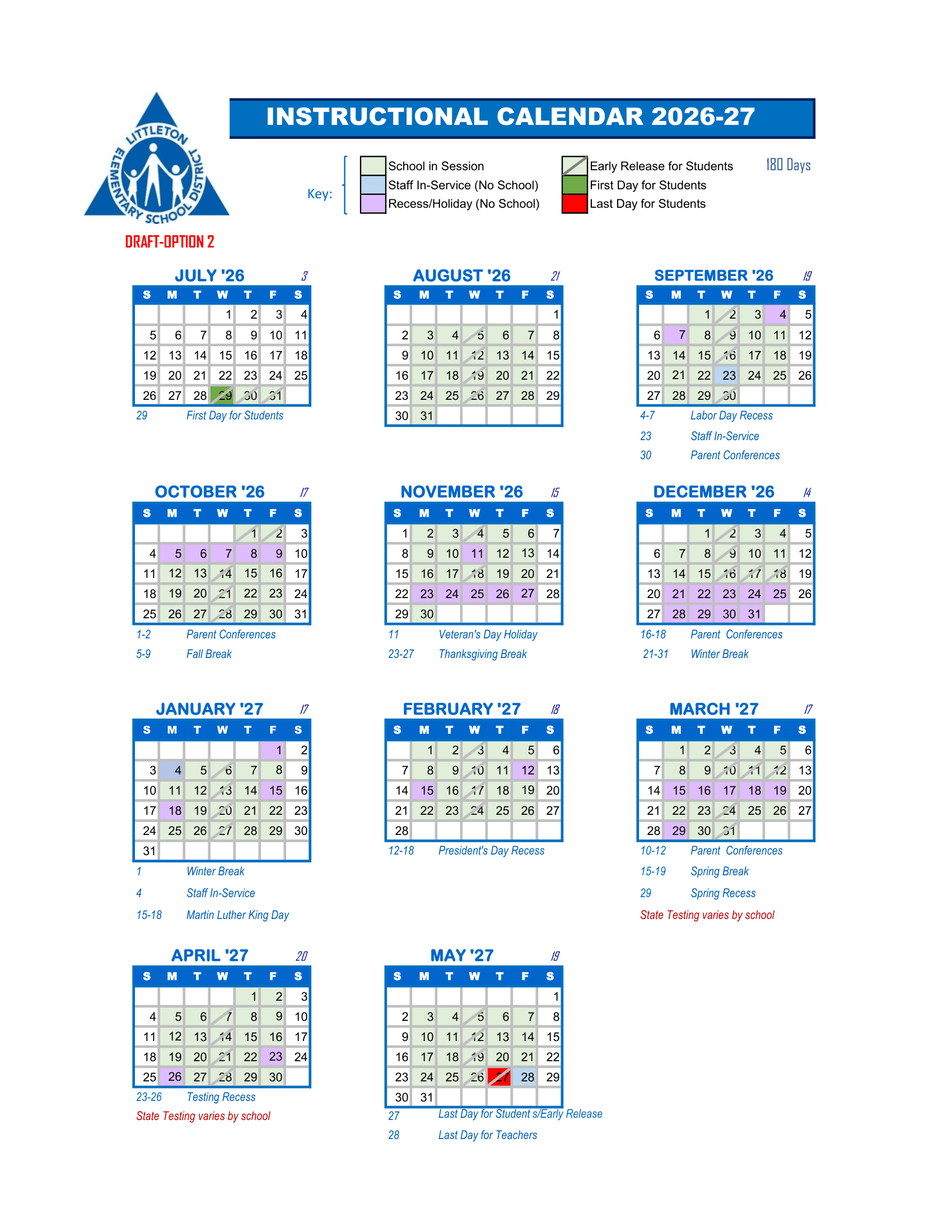 Littleton Elementary School District Calendar 26-27 Revised
