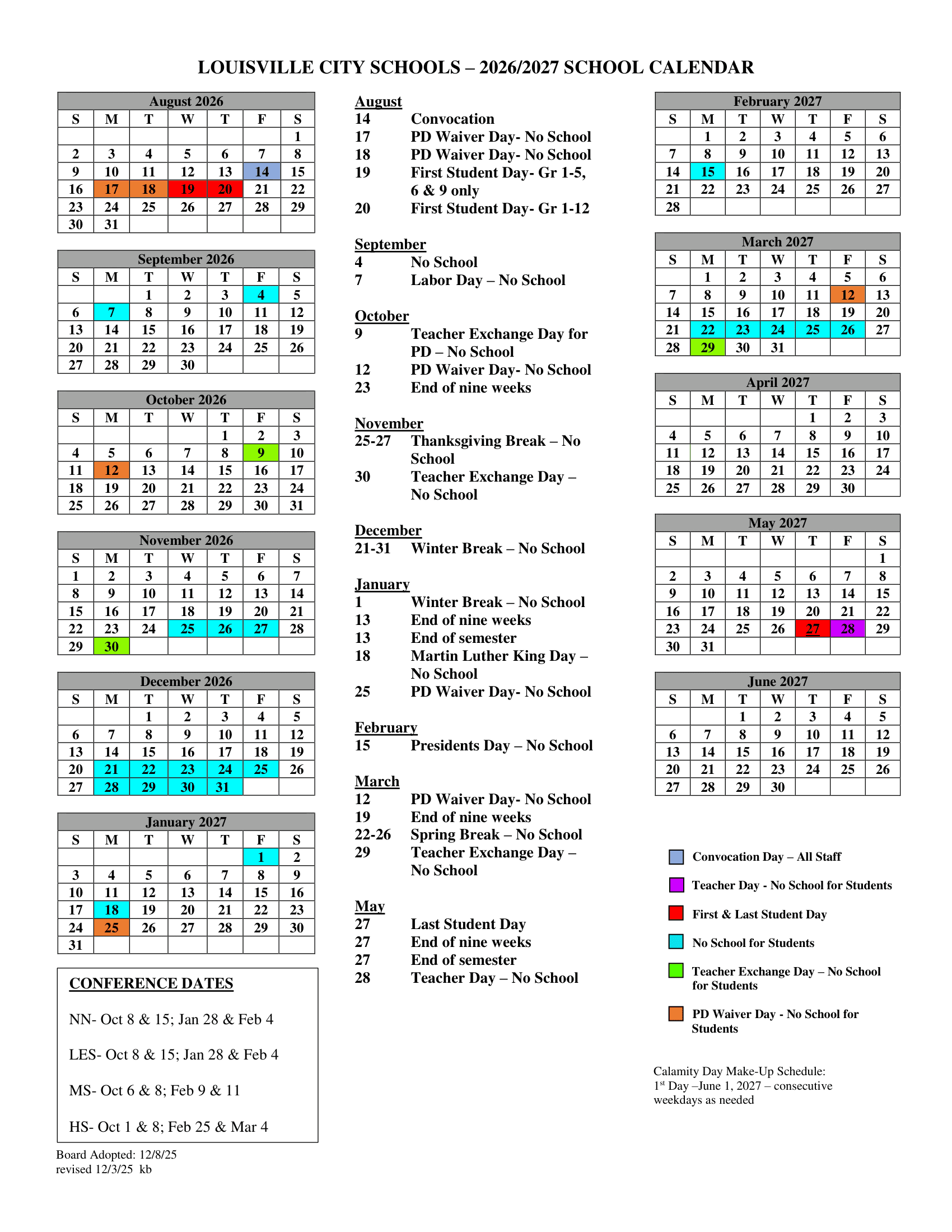 Louisville City Schools Calendar 26-27 Revised