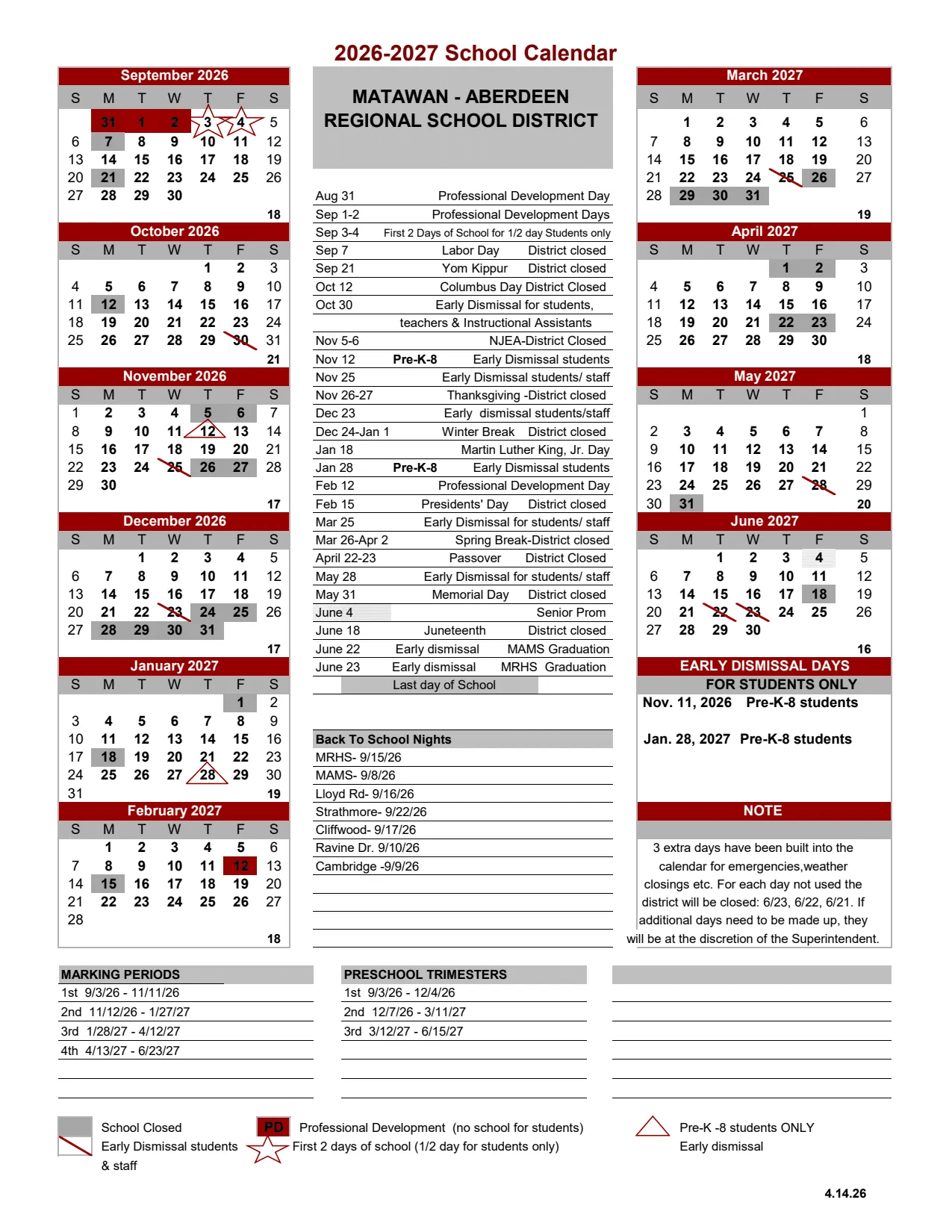 MATAWAN - ABERDEEN REGIONAL SCHOOL DISTRICT Calendar 26-27 PDF