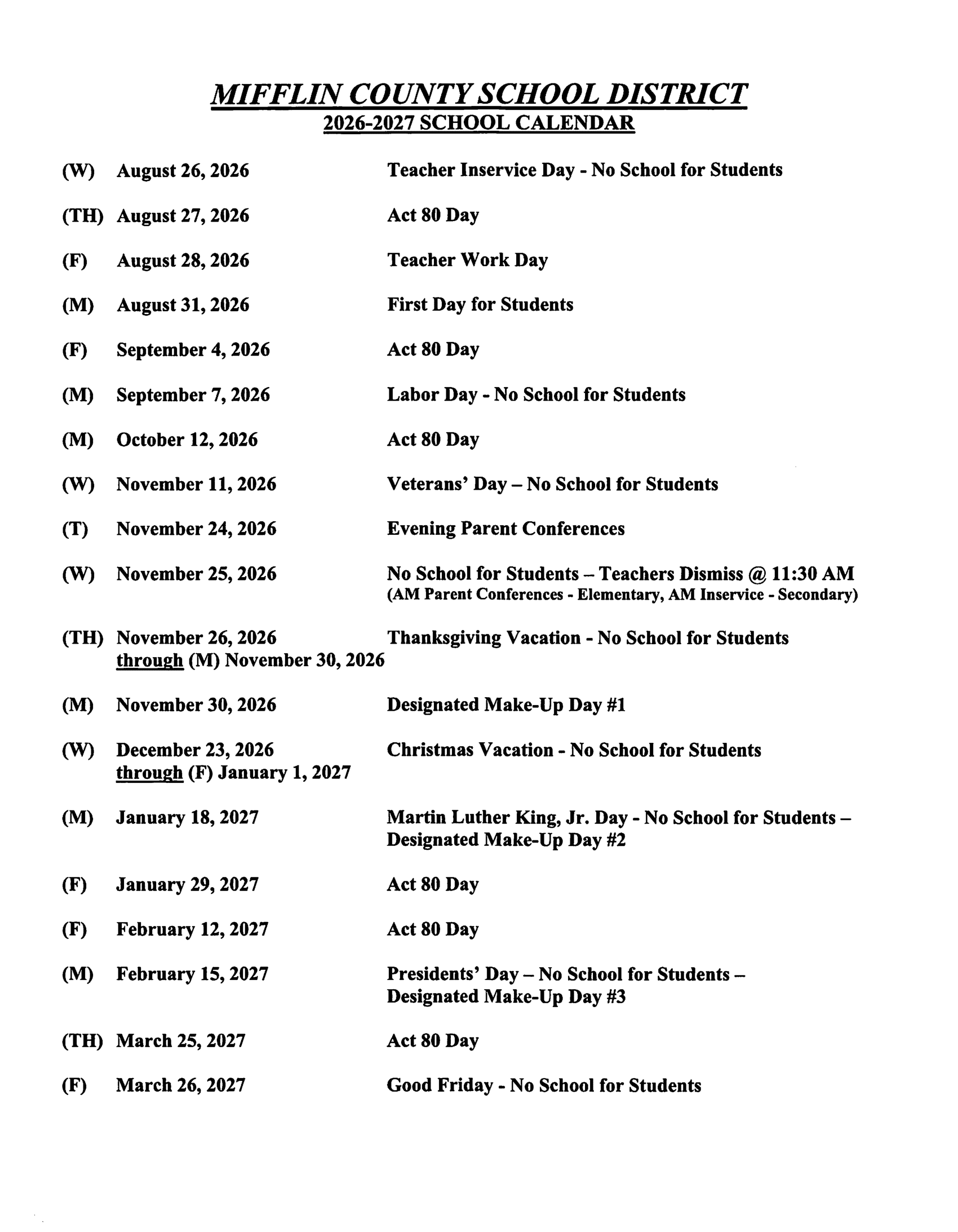 MIFFLIN COUNTY SCHOOL DISTRICT Calendar 26-27 Revised