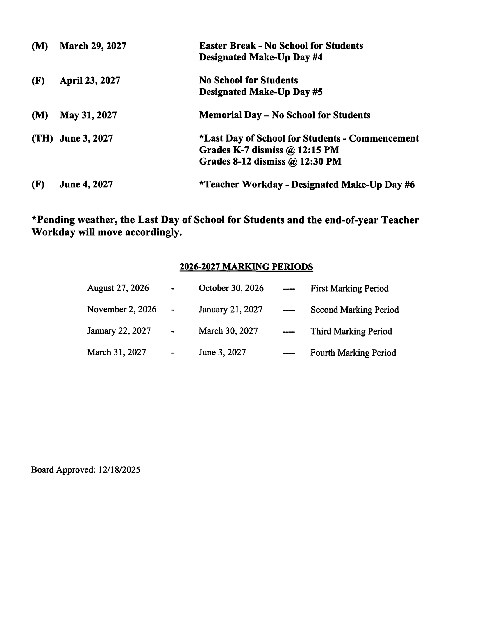 MIFFLIN COUNTY SCHOOL DISTRICT Calendar 26-27 Revised