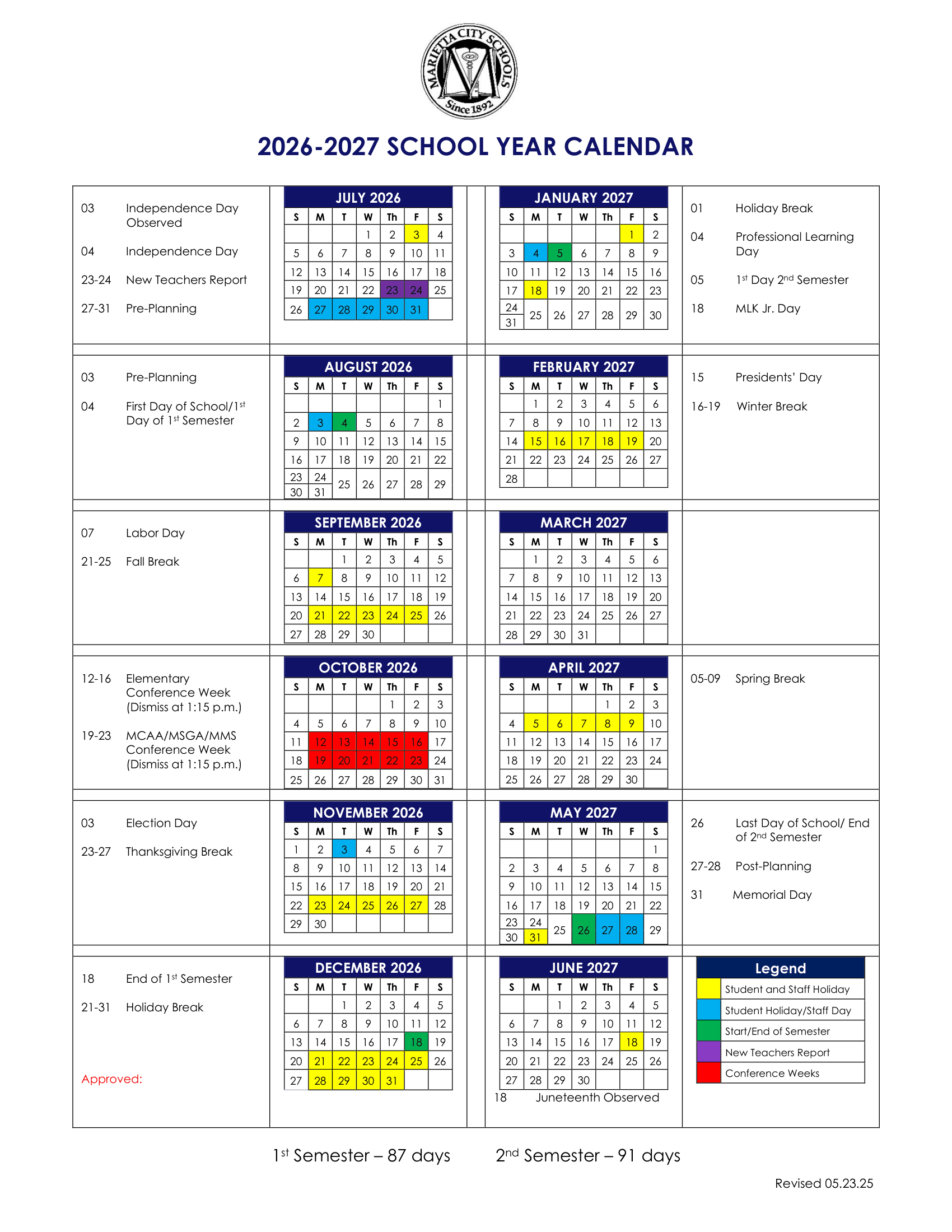 Marietta City Schools Calendar 26-27 Revised