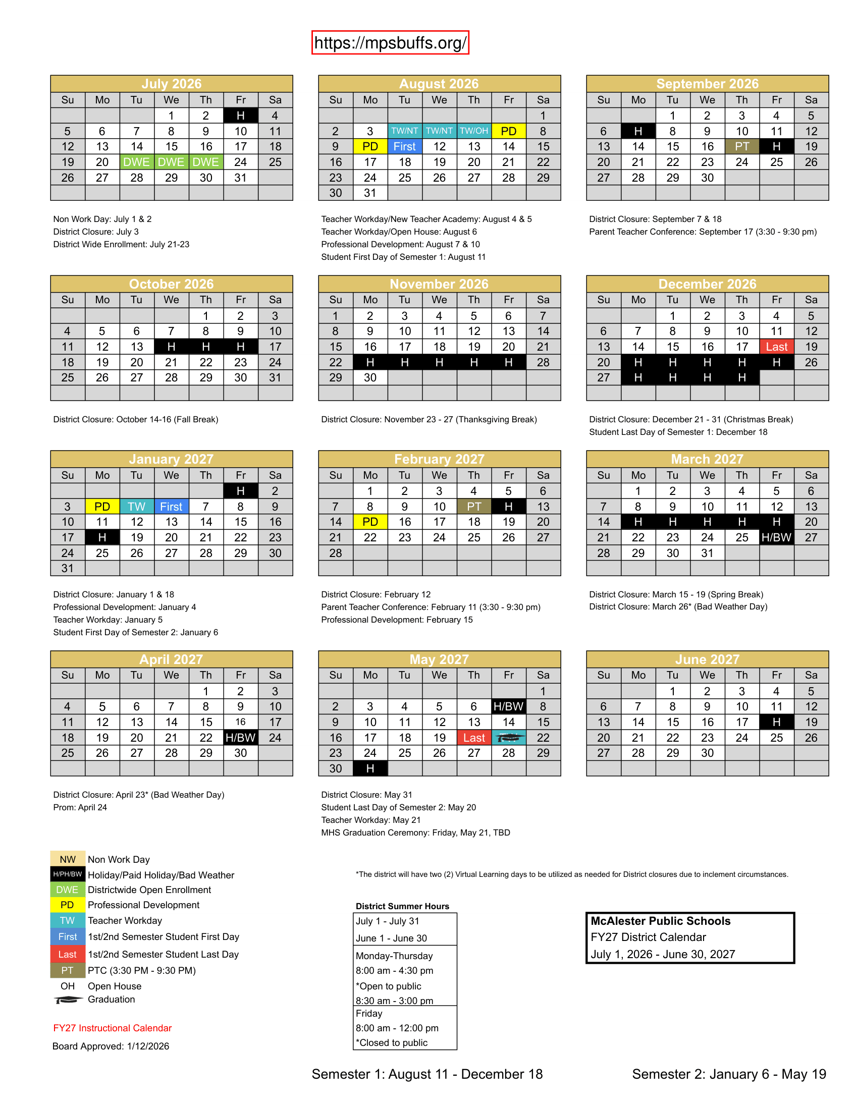 McAlester Public Schools Calendar 26-27 Revised