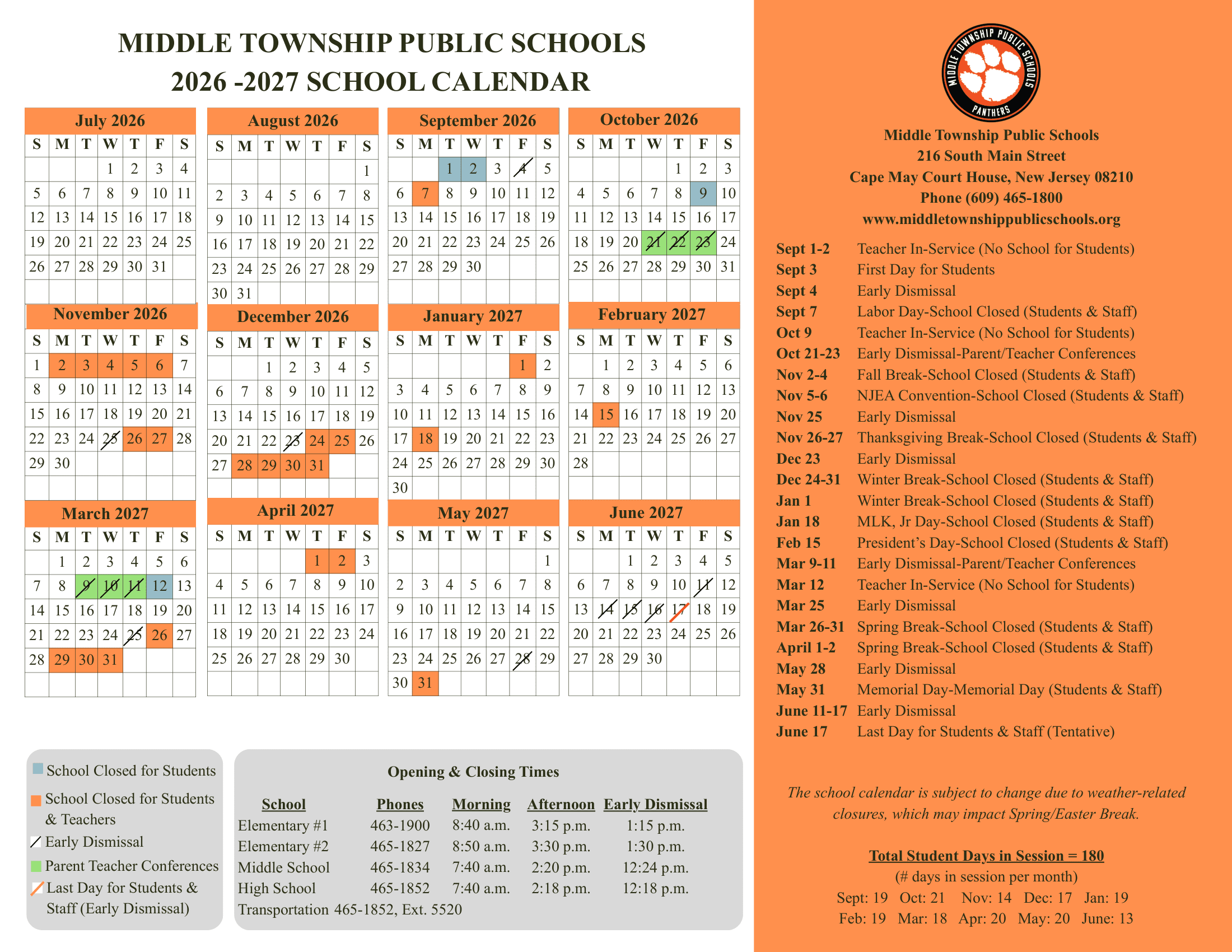 Middle Township Public Schools Calendar 26-27 PDF