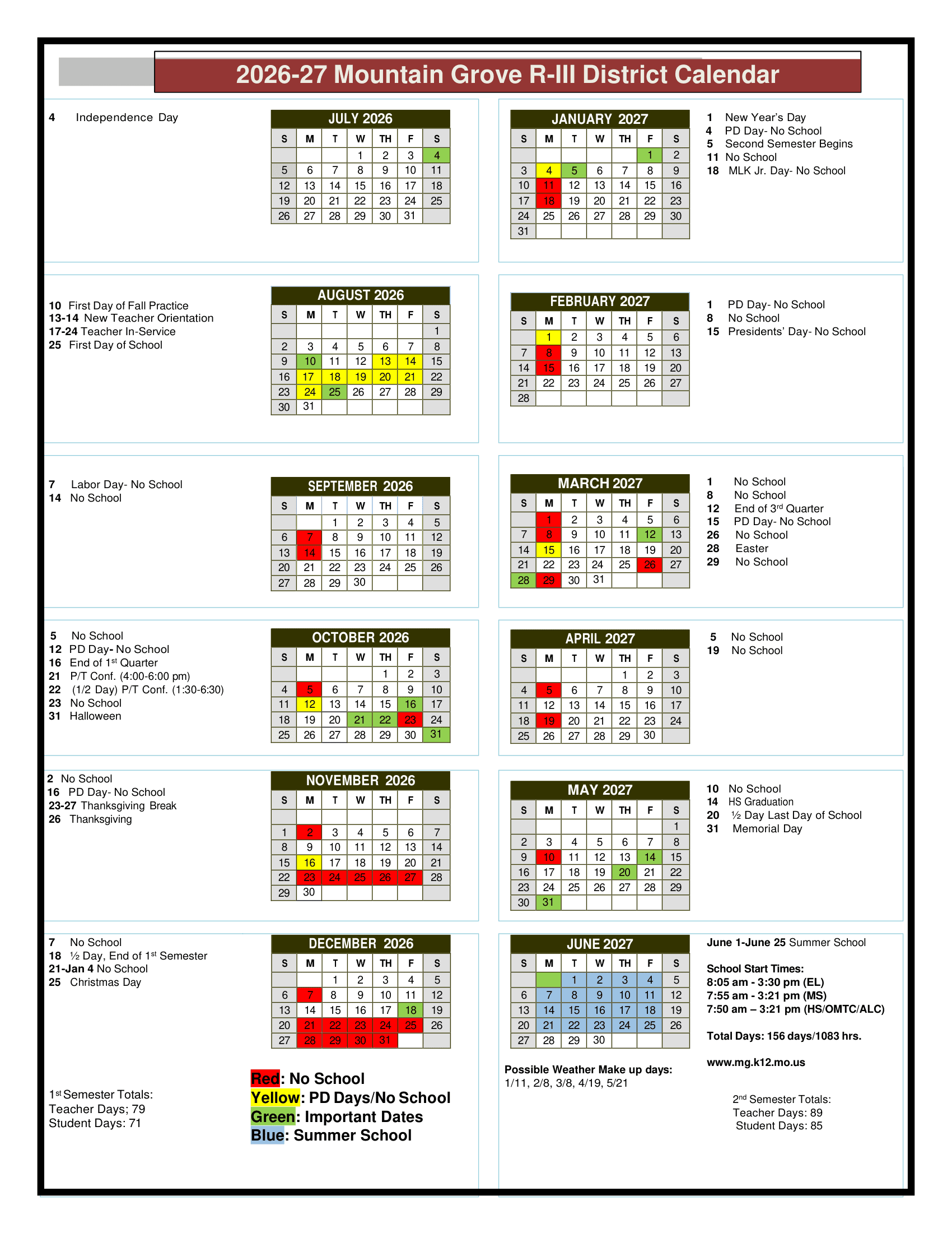 Mountain Grove R-III District Calendar 26-27 Revised