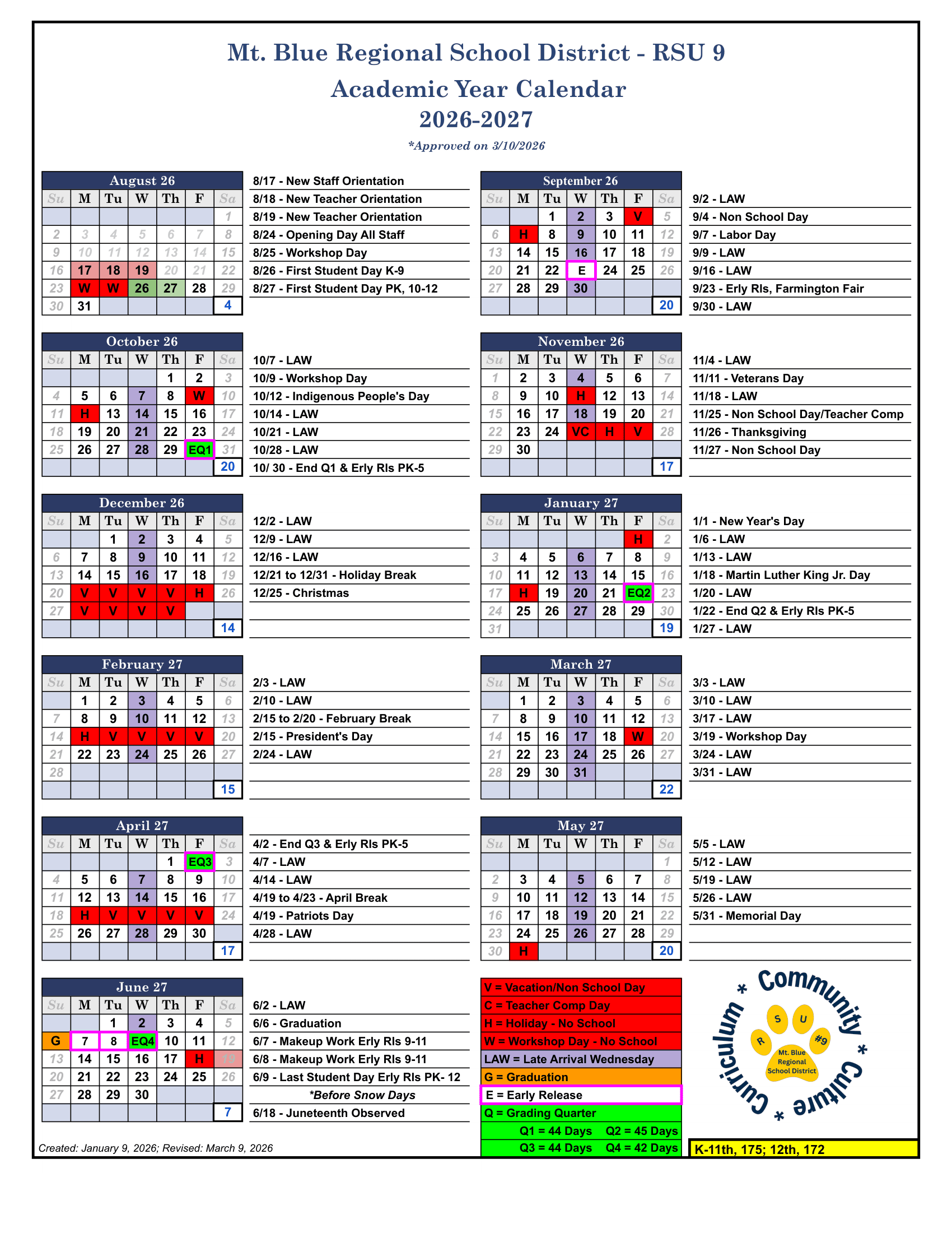 Mt. Blue Regional School District - RSU 9 Calendar 26-27 Revised