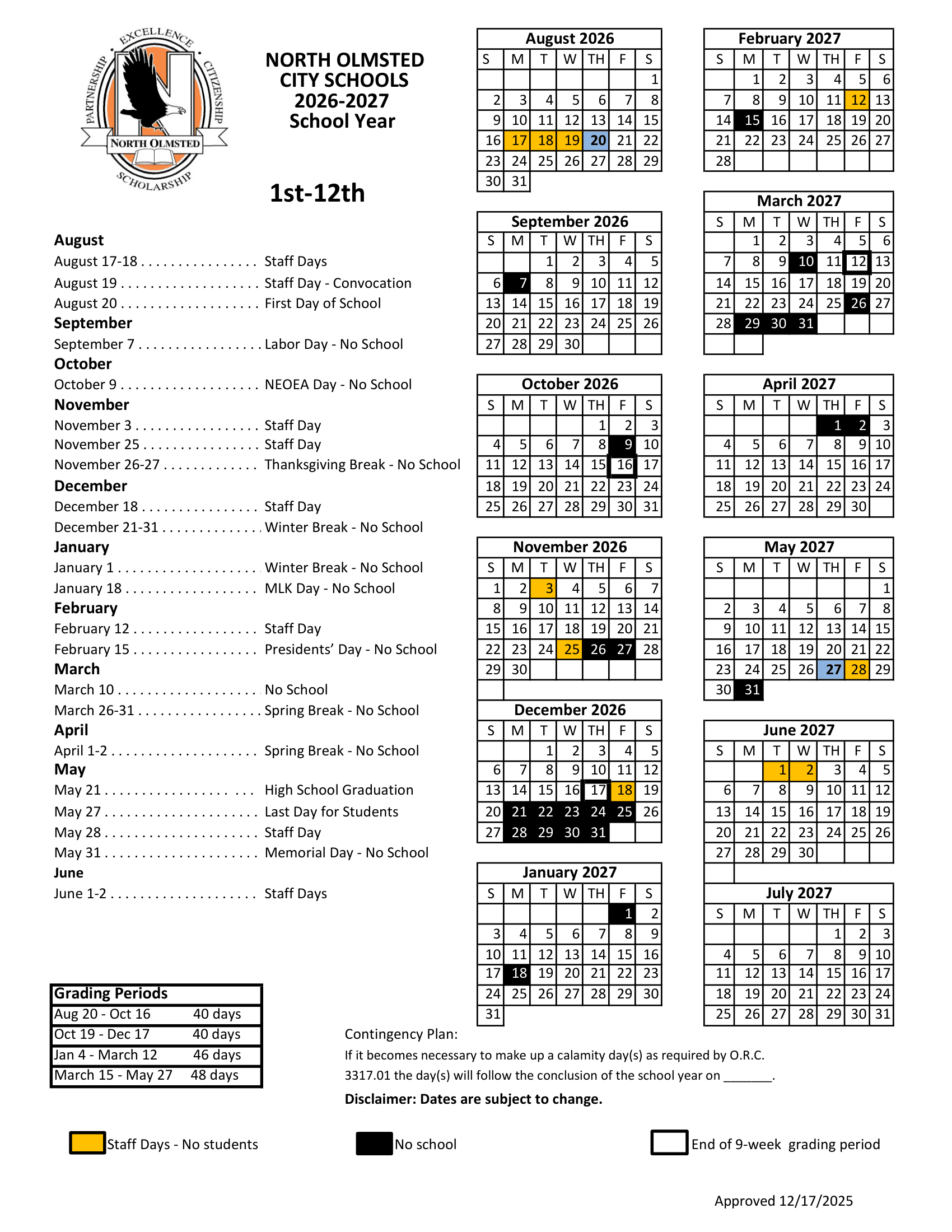 North Olmsted City Schools Calendar 26-27 Revised