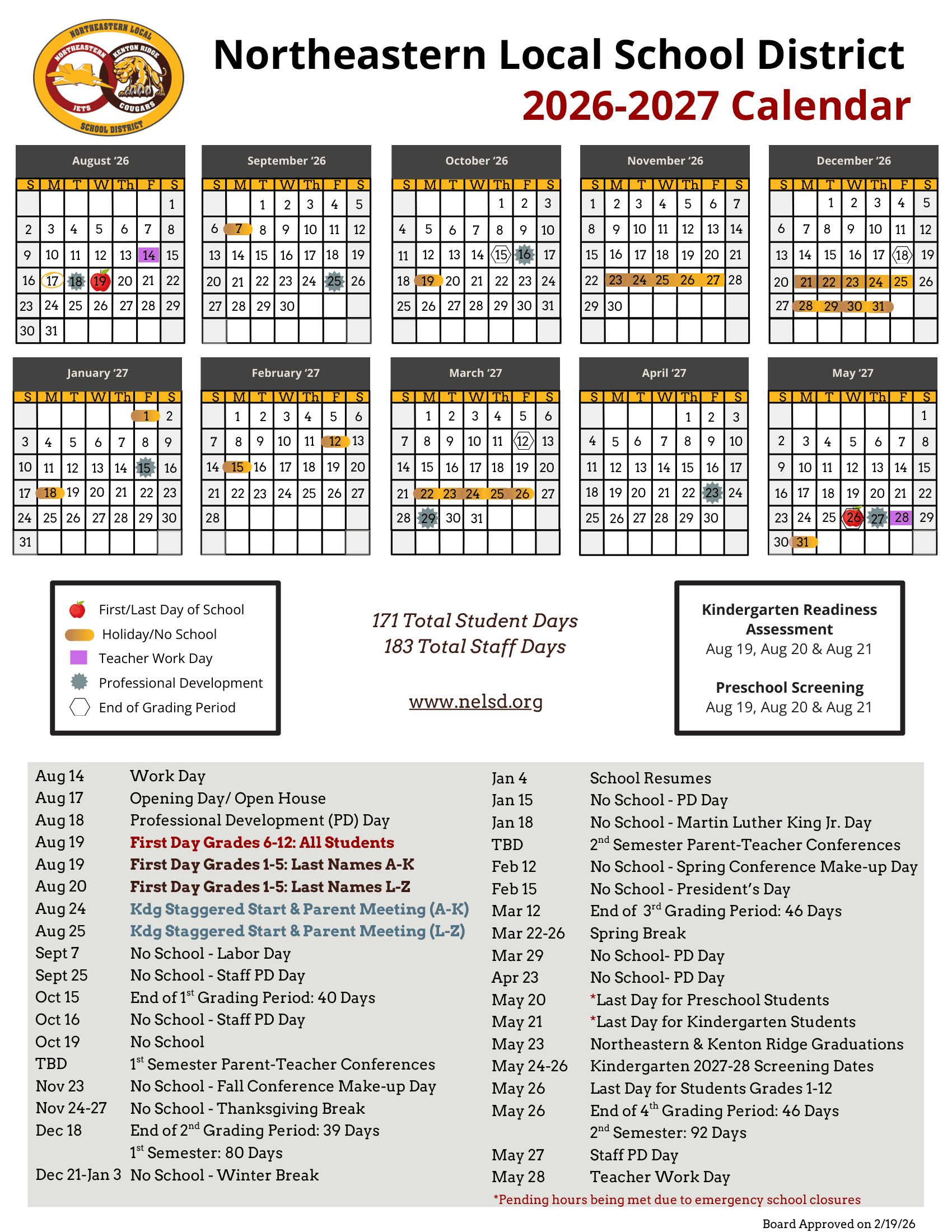 Northeastern Local School District Calendar 26-27 Revised