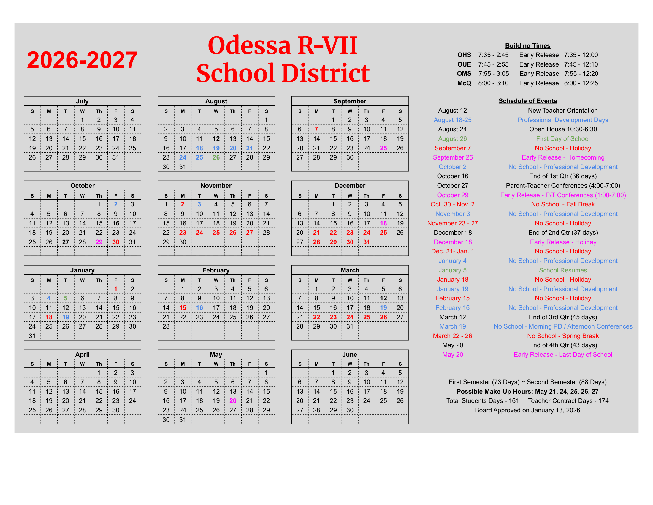 Odessa R-VII School District Calendar 26-27 Revised