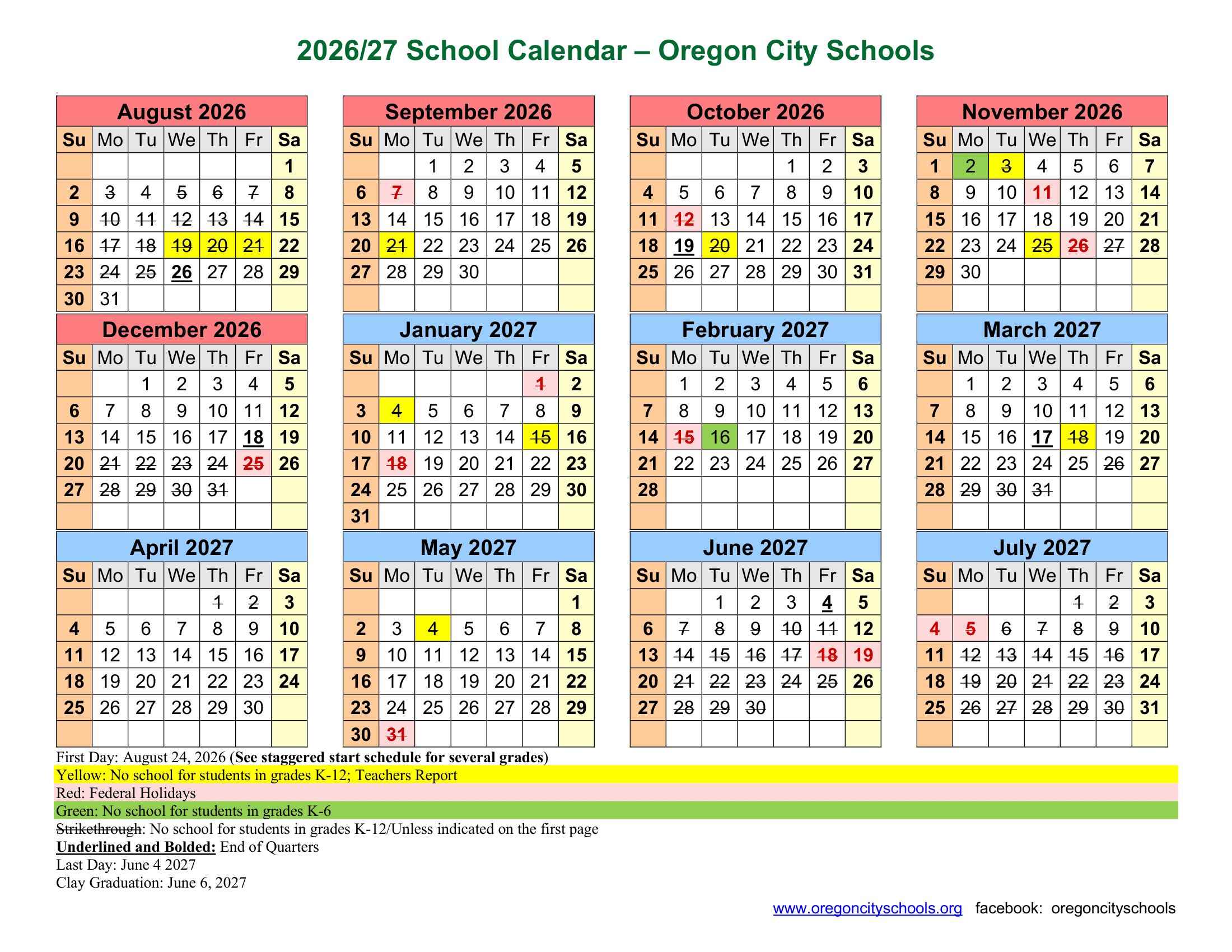 Oregon City Schools Calendar 26-27 Revised