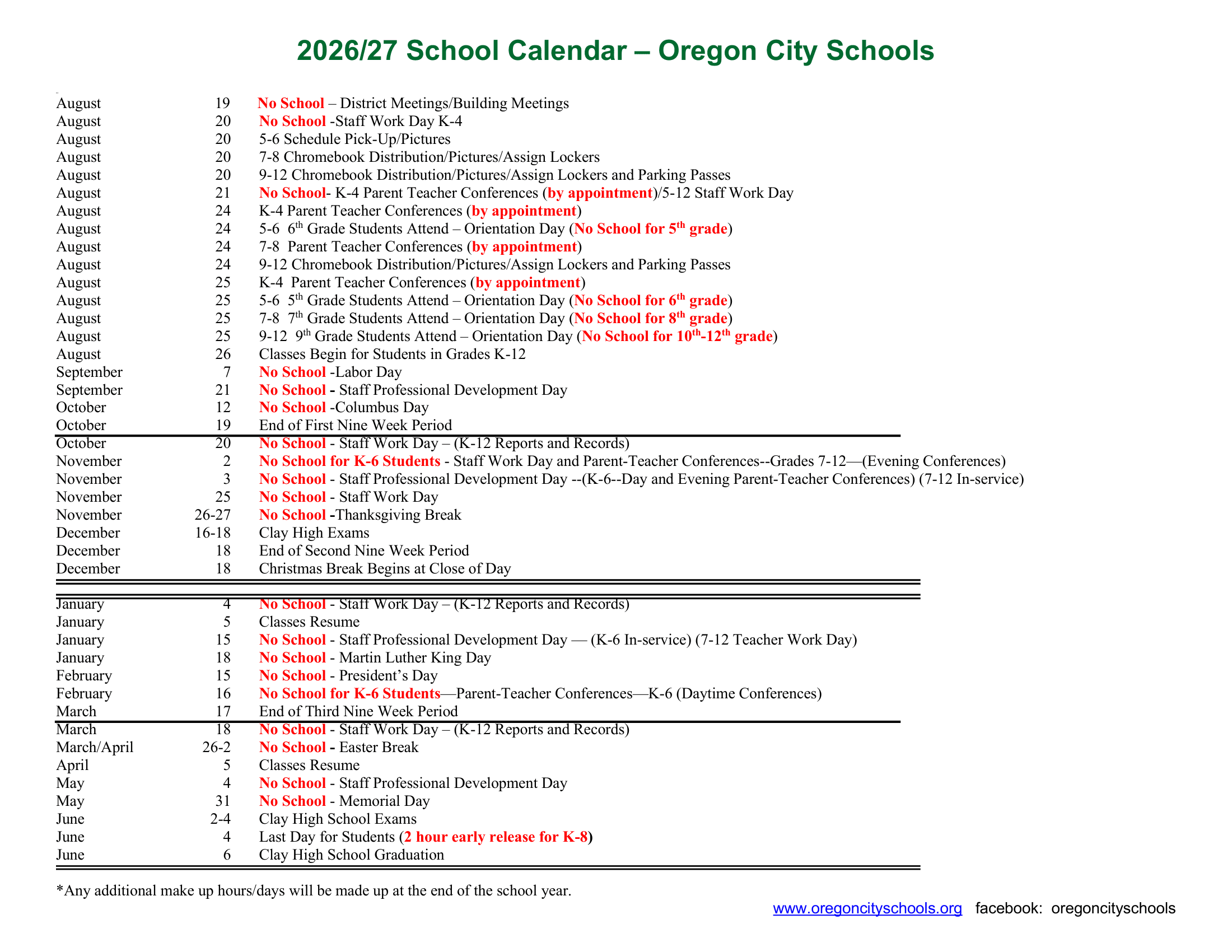 Oregon City Schools Calendar 26-27 Revised