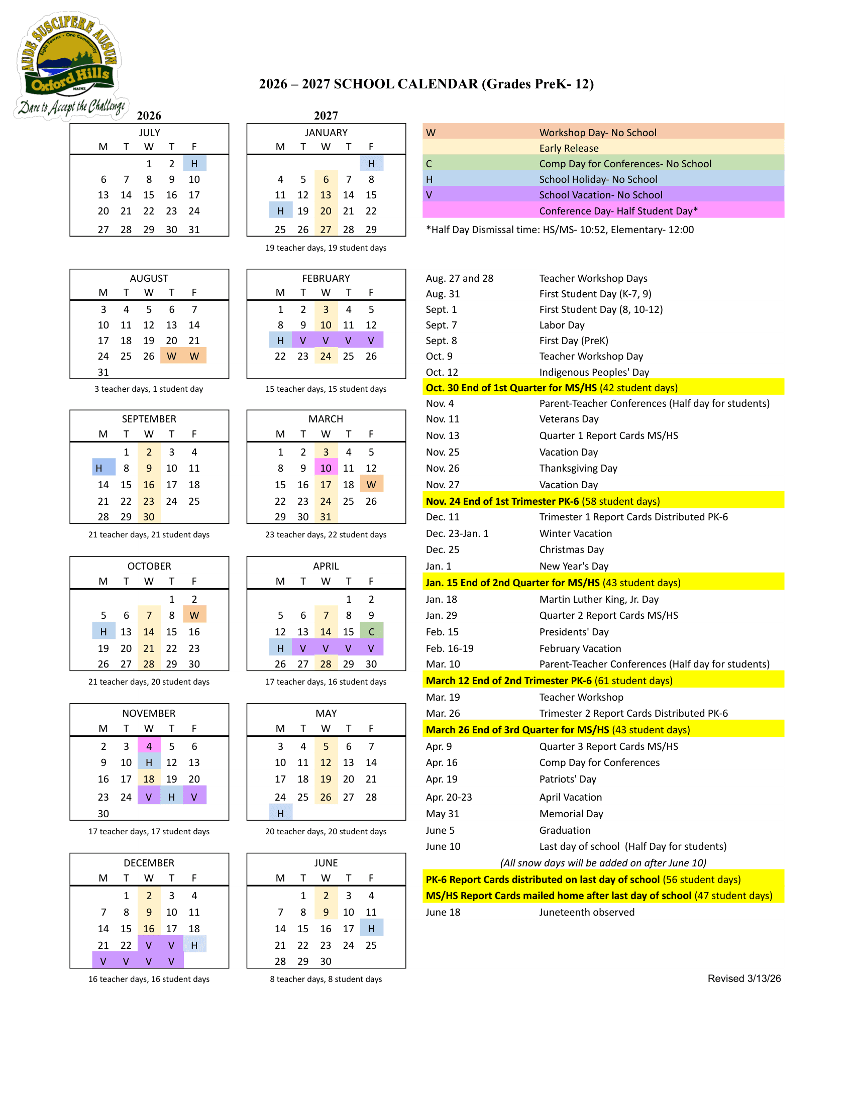 Oxford Hills School Calendar Calendar 26-27 Revised