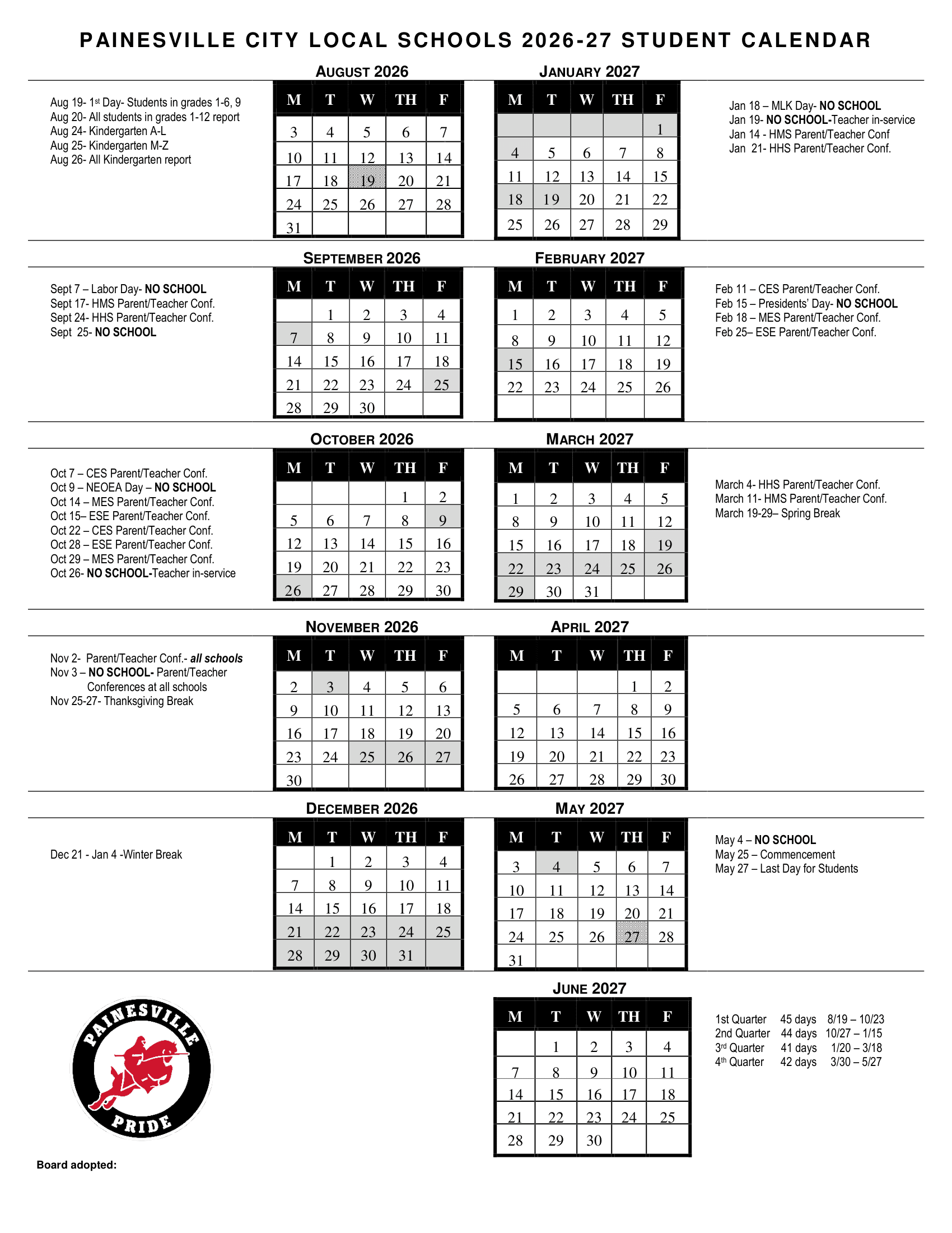 Painesville City Local Schools Calendar 26-27 Revised
