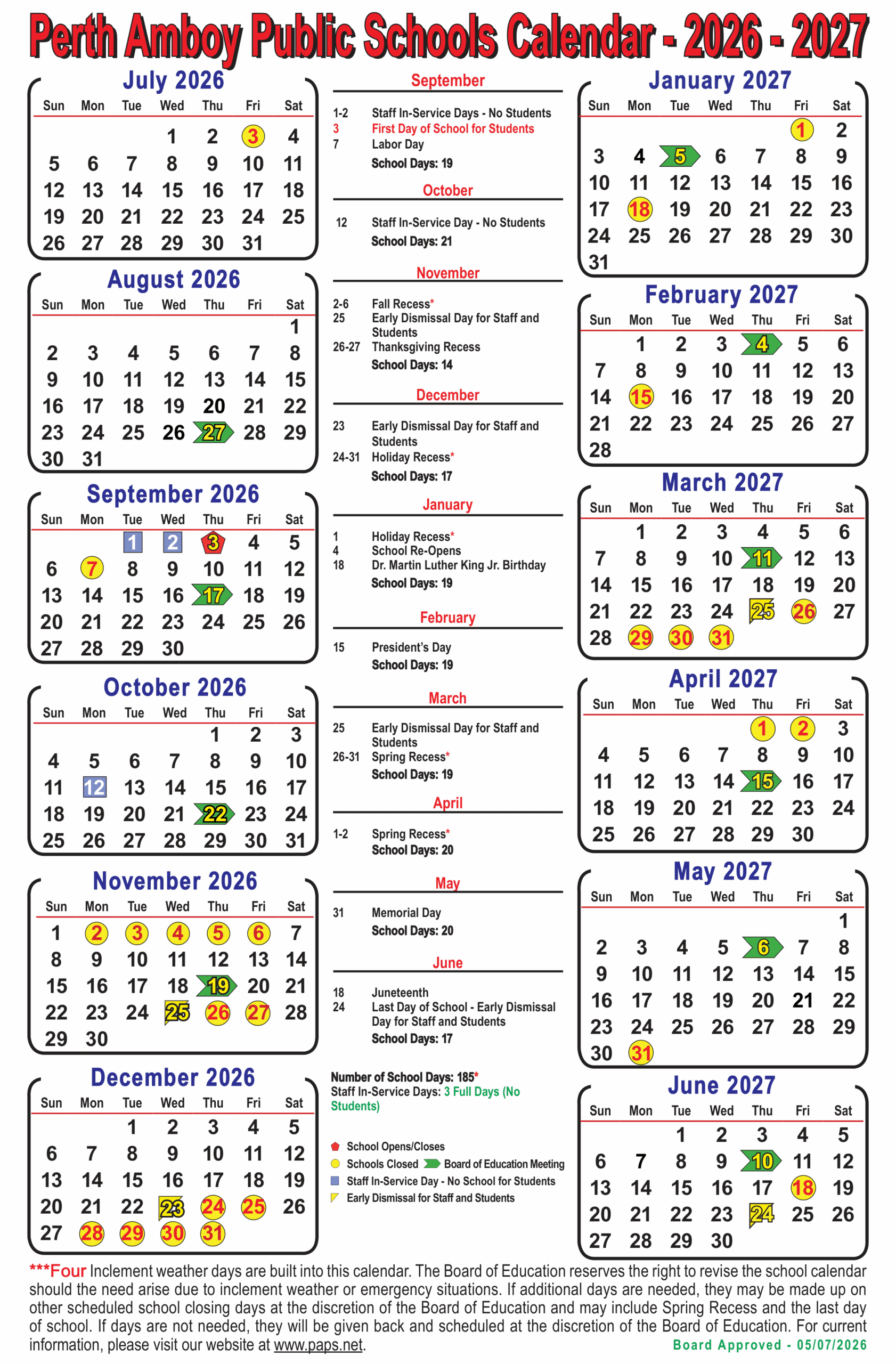 Perth Amboy Public Schools Calendar 26-27 PDF