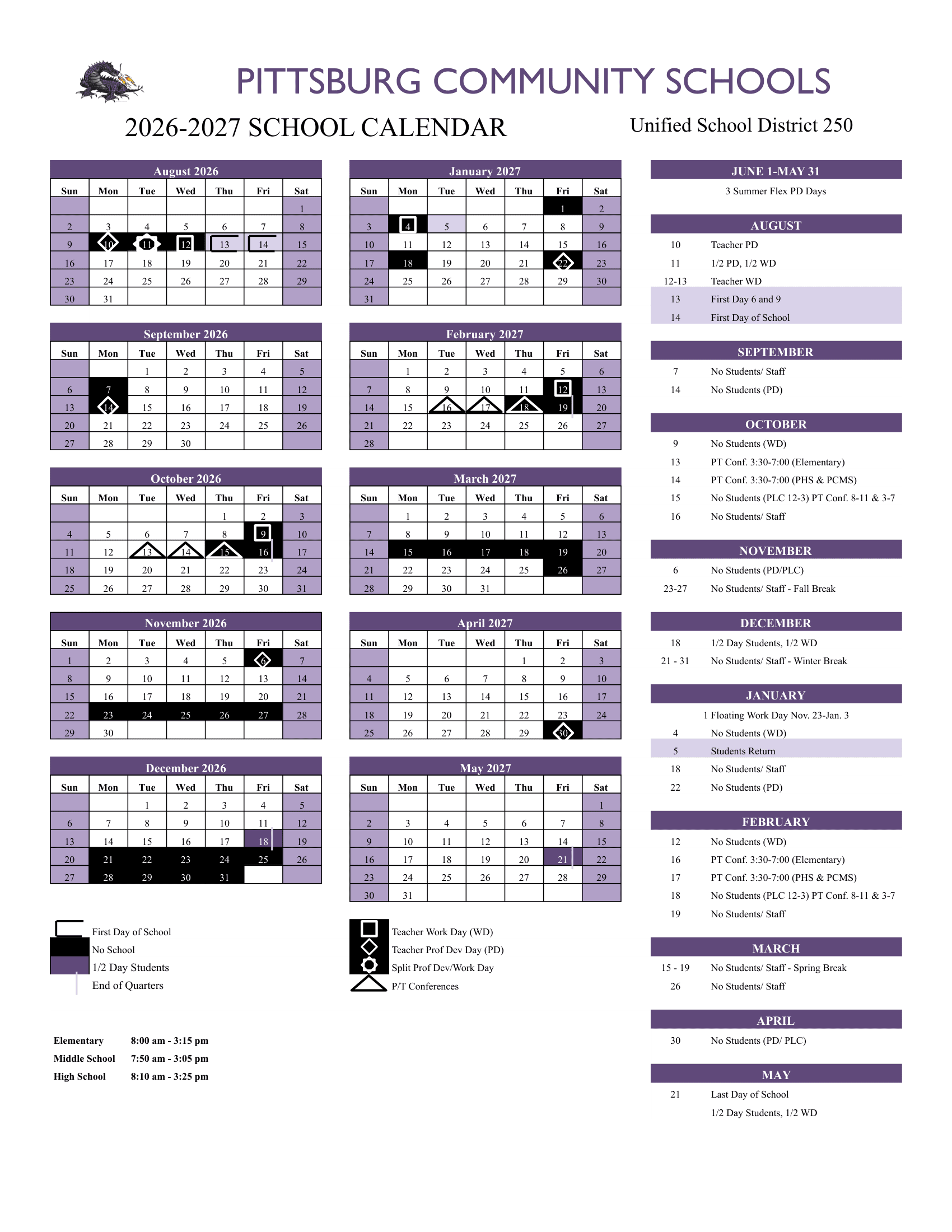 Pittsburg Community Schools USD 250 Calendar 26-27 Revised