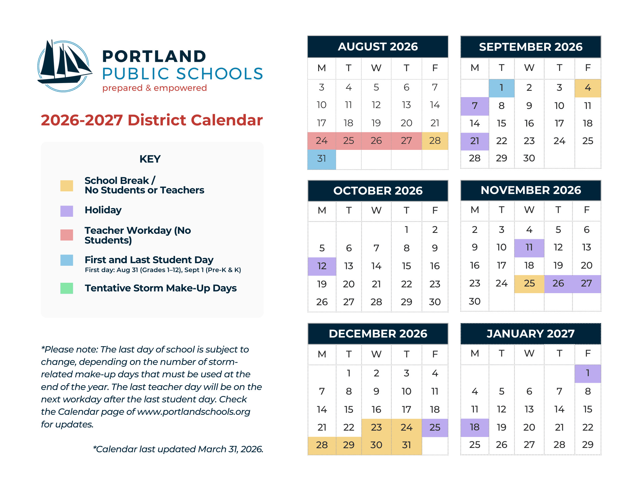 Portland Public Schools Calendar 26-27 Revised