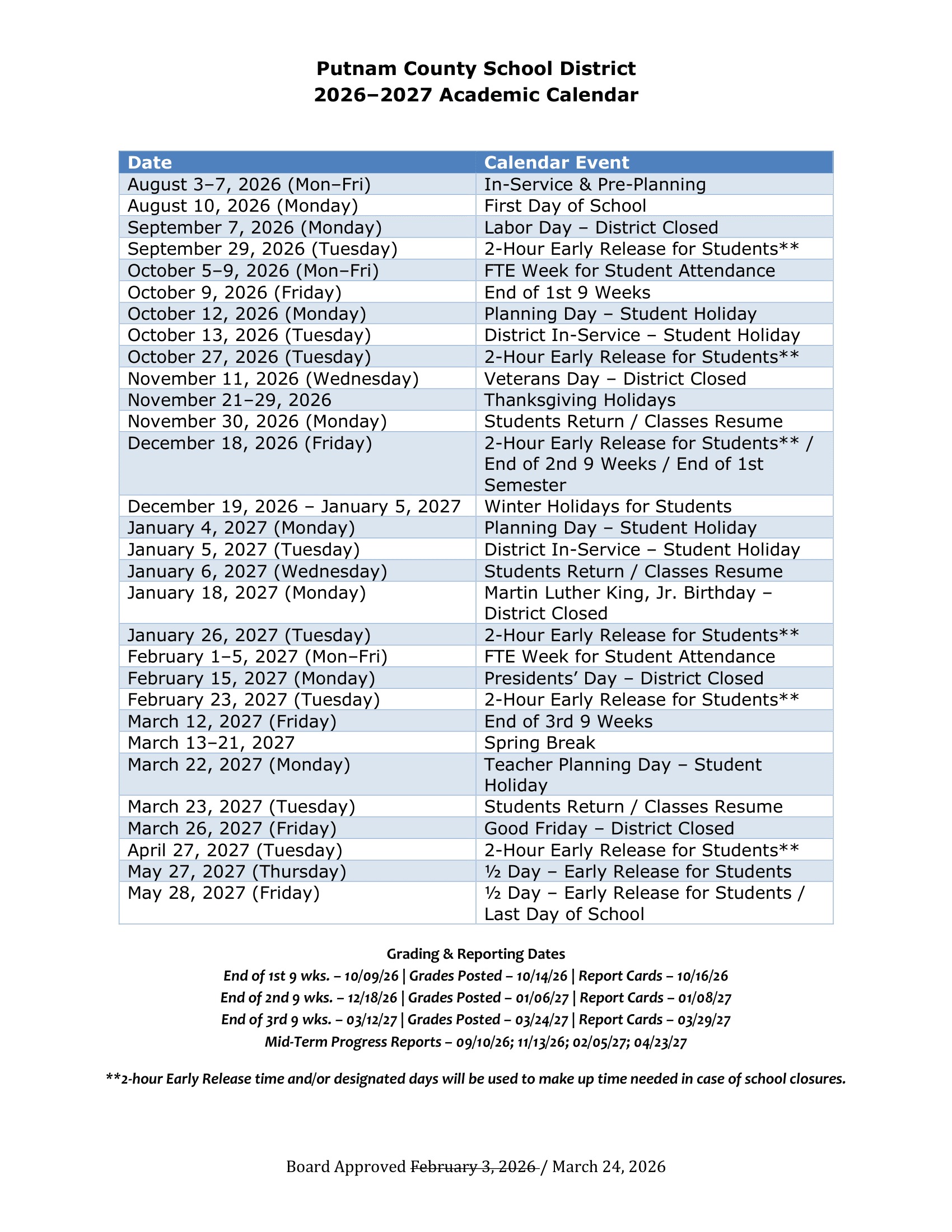Putnam County School District Calendar 26-27 Revised