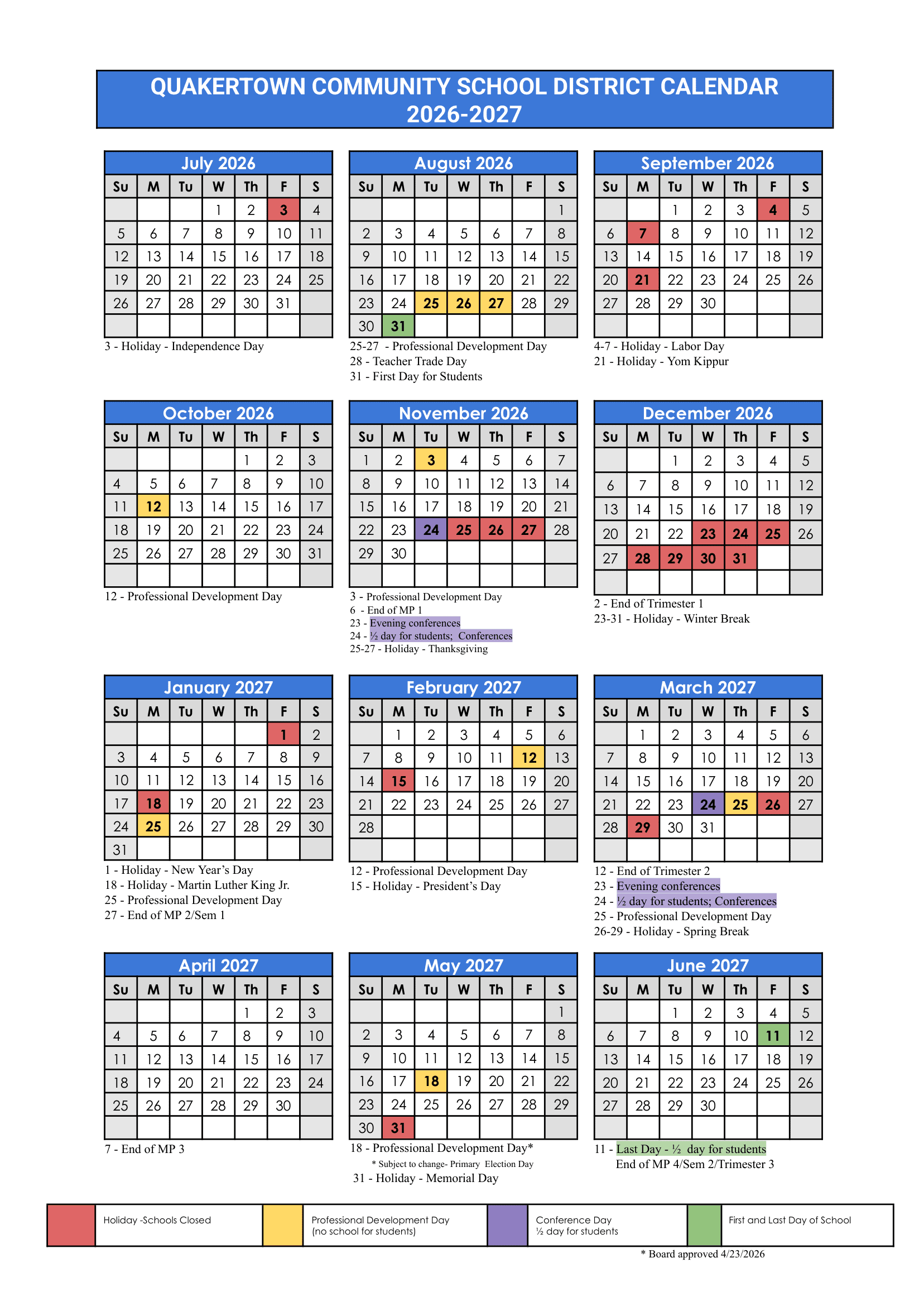 Quakertown Community School District Calendar 26-27 Revised