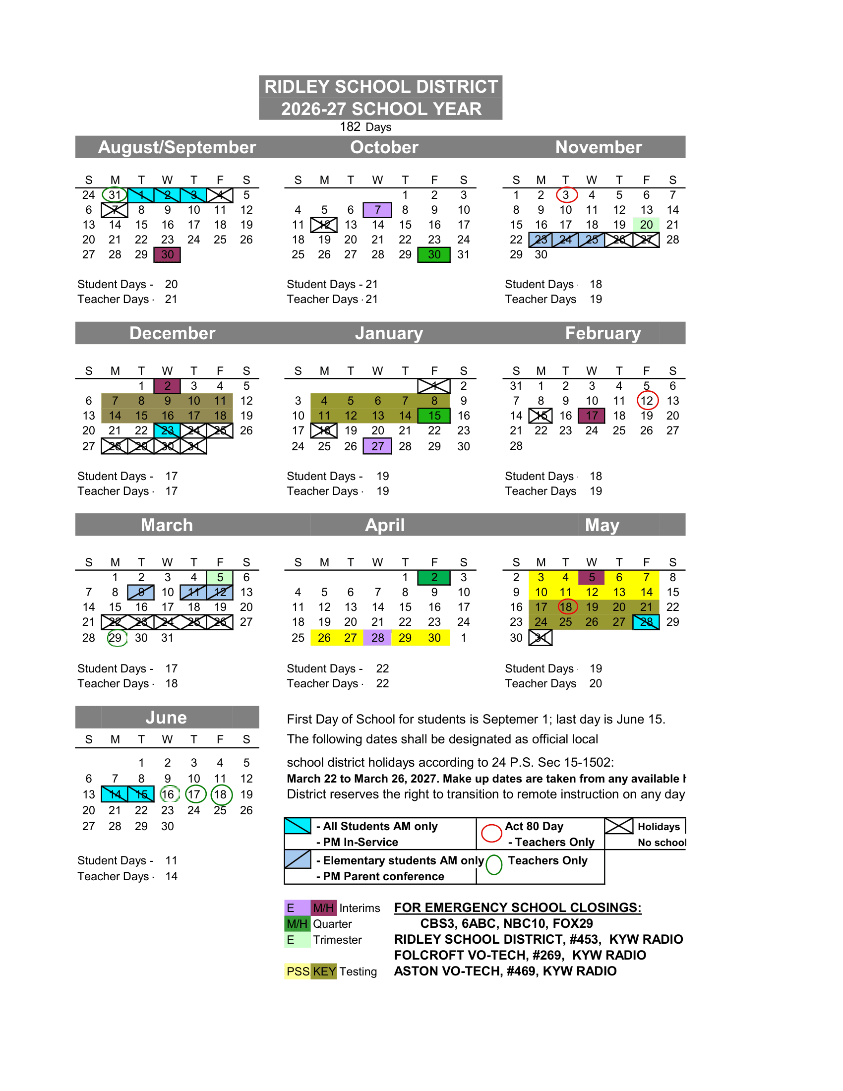 RIDLEY SCHOOL DISTRICT Calendar 26-27 Revised