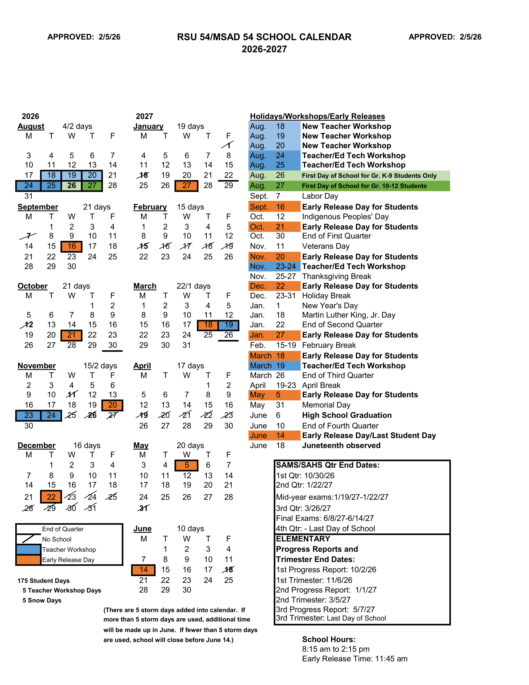 RSU 54/MSAD 54 Calendar 26-27 Revised