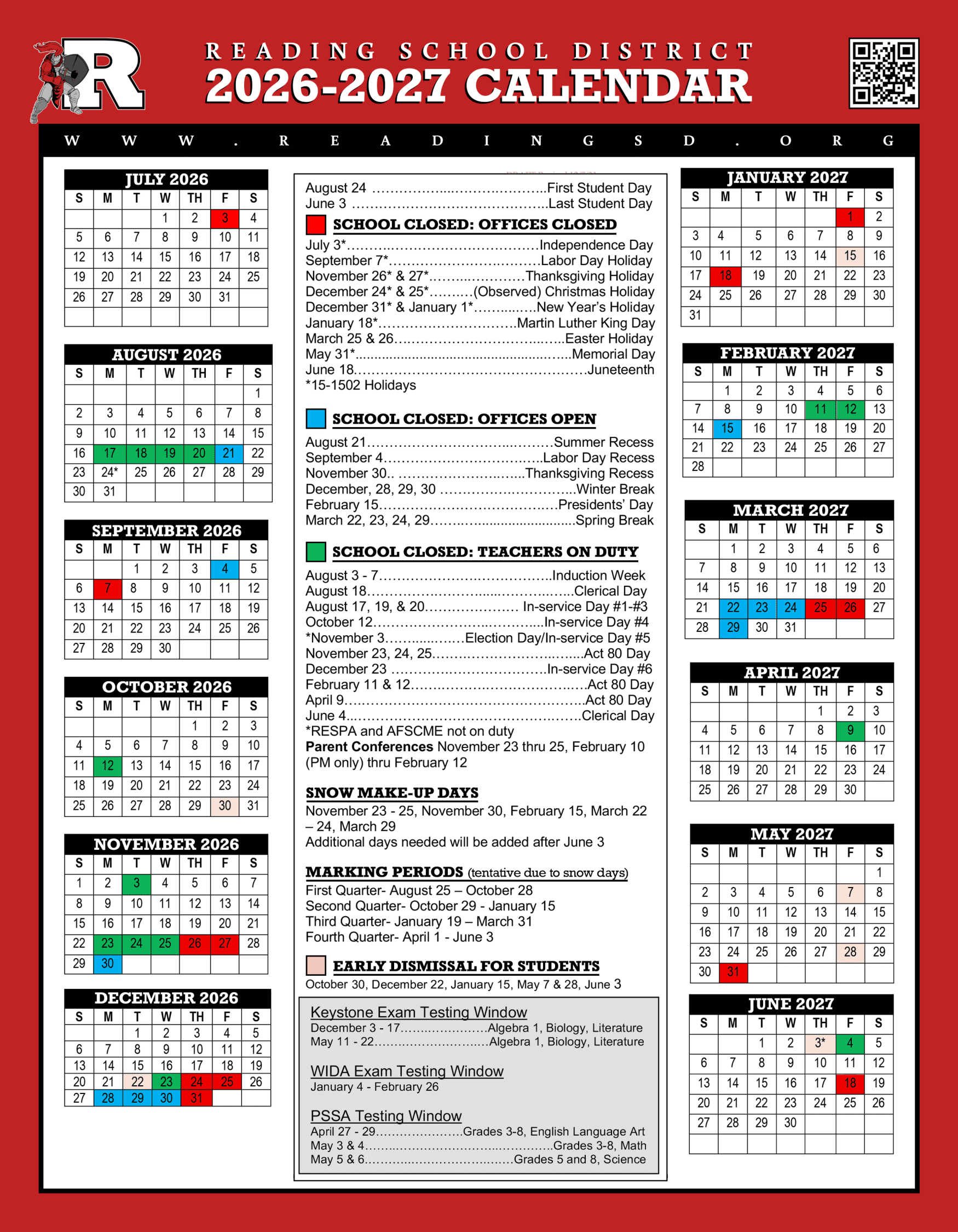 Reading School District Calendar 26-27 Revised