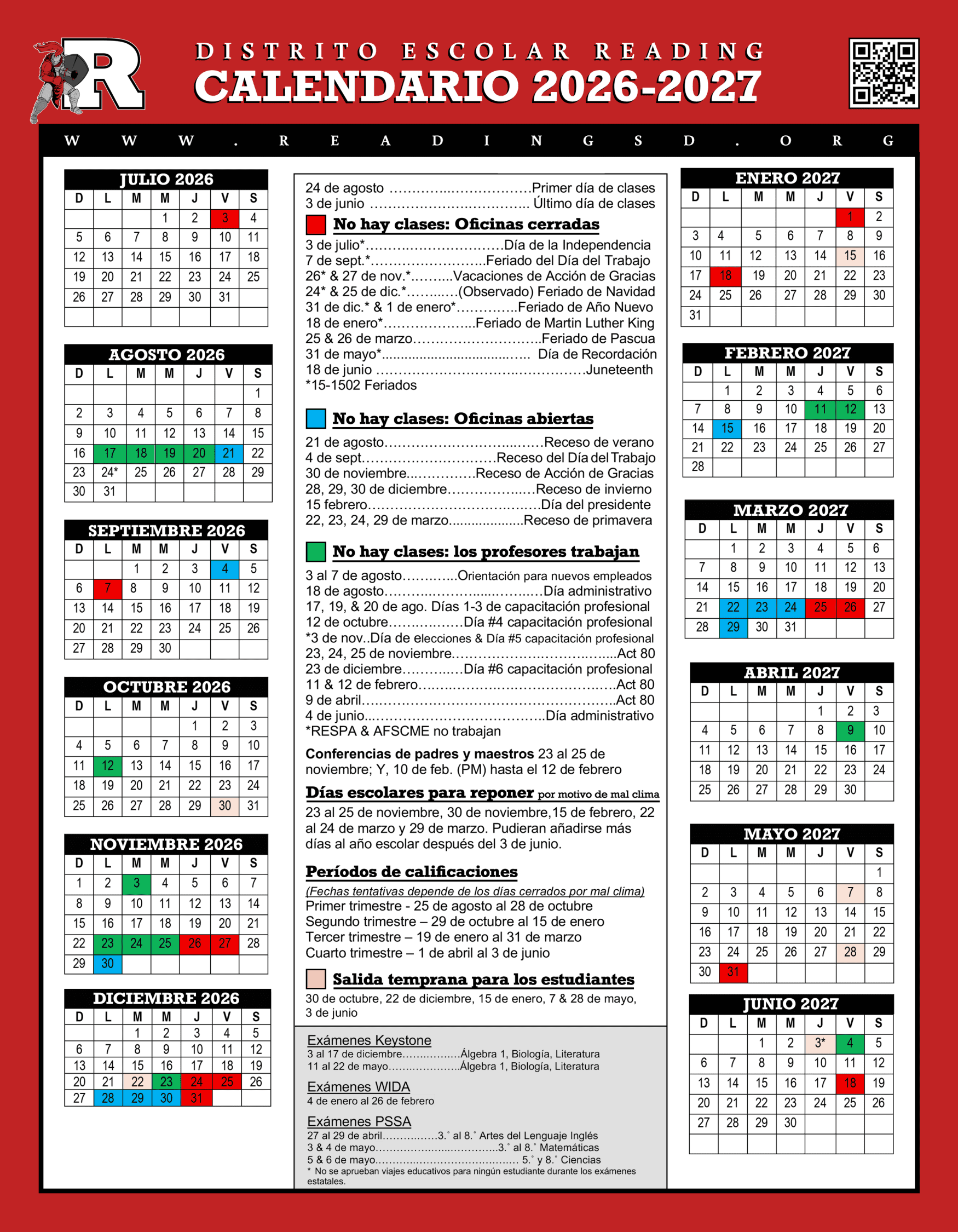 Reading School District Calendar 26-27 Revised