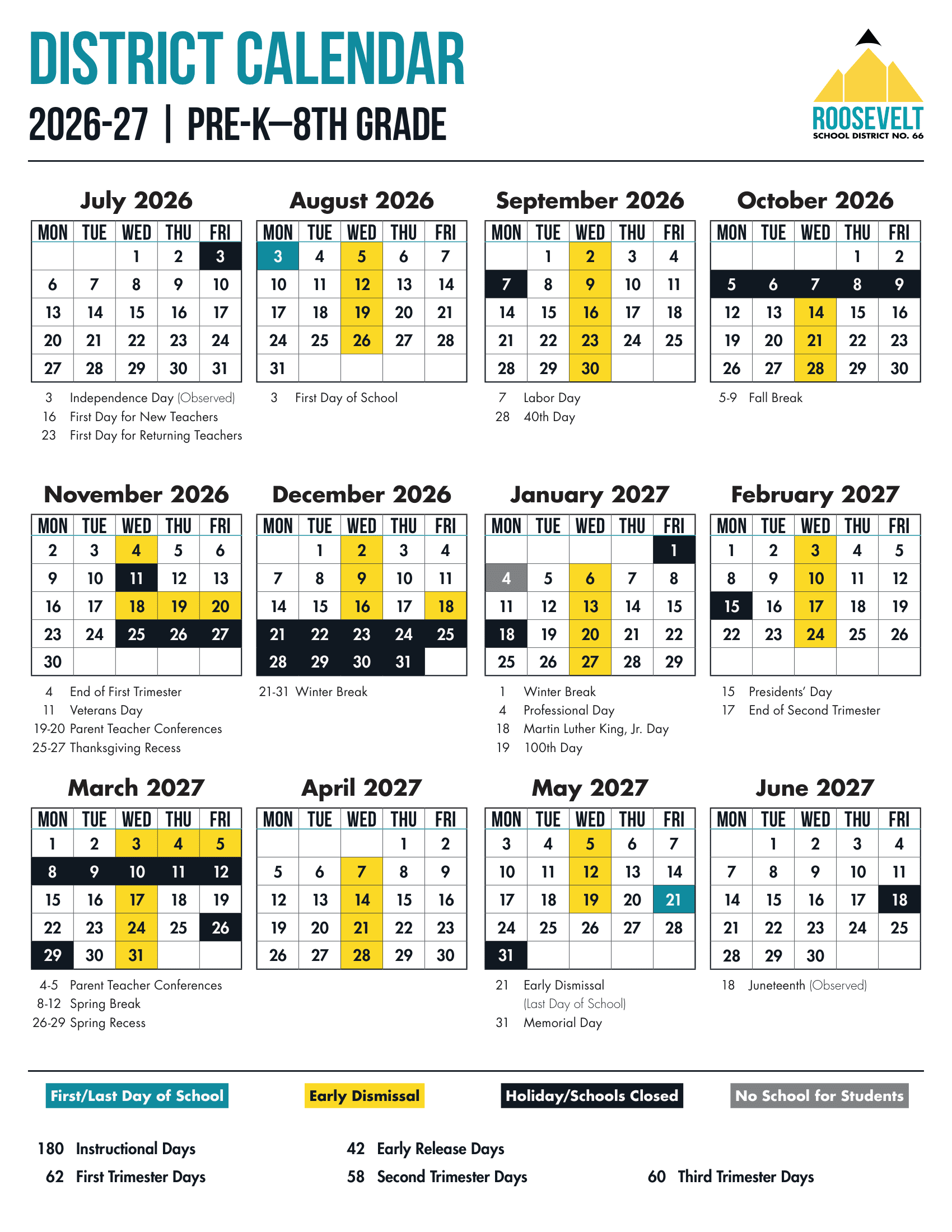 Roosevelt School District No. 66 Calendar 26-27 Revised