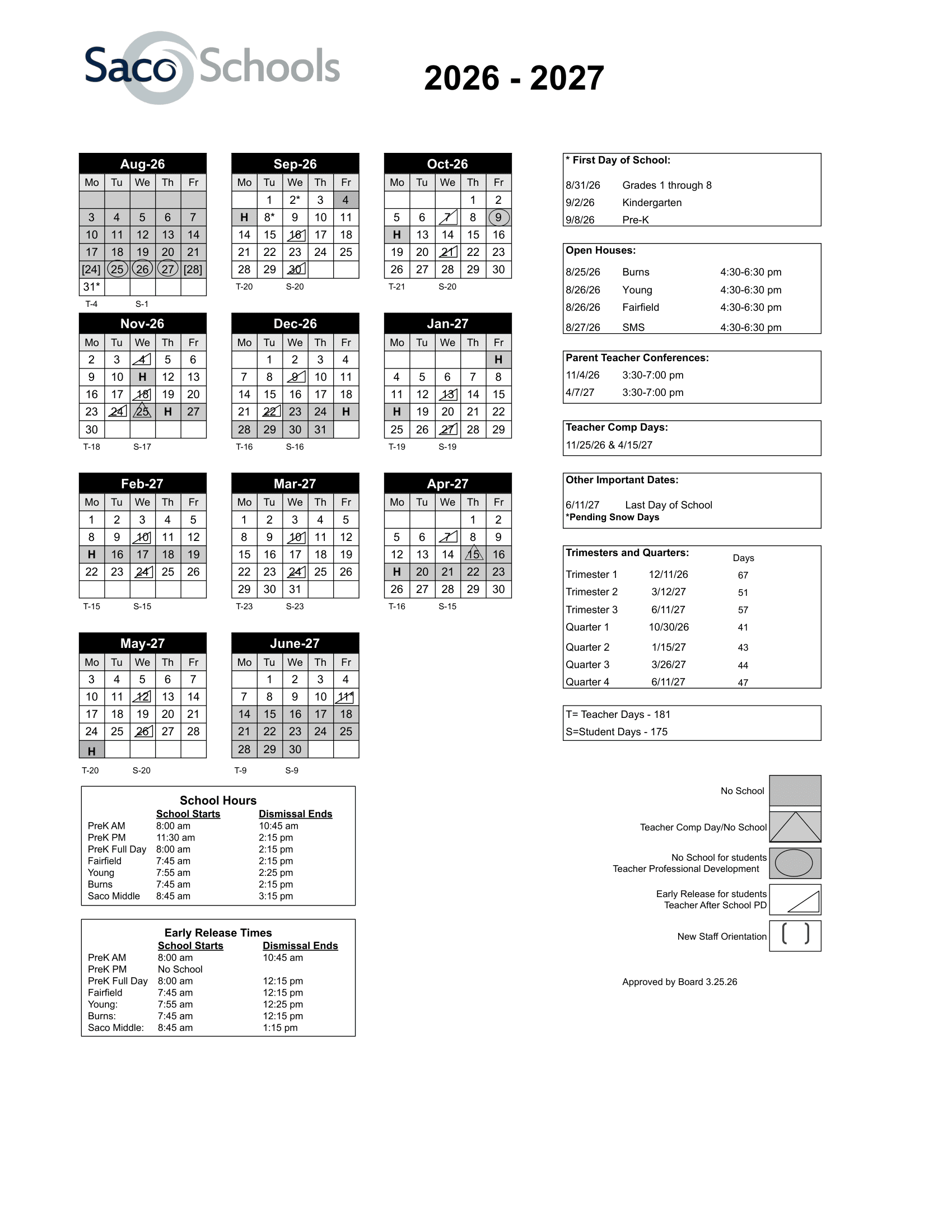 Saco Schools Calendar 26-27 Revised