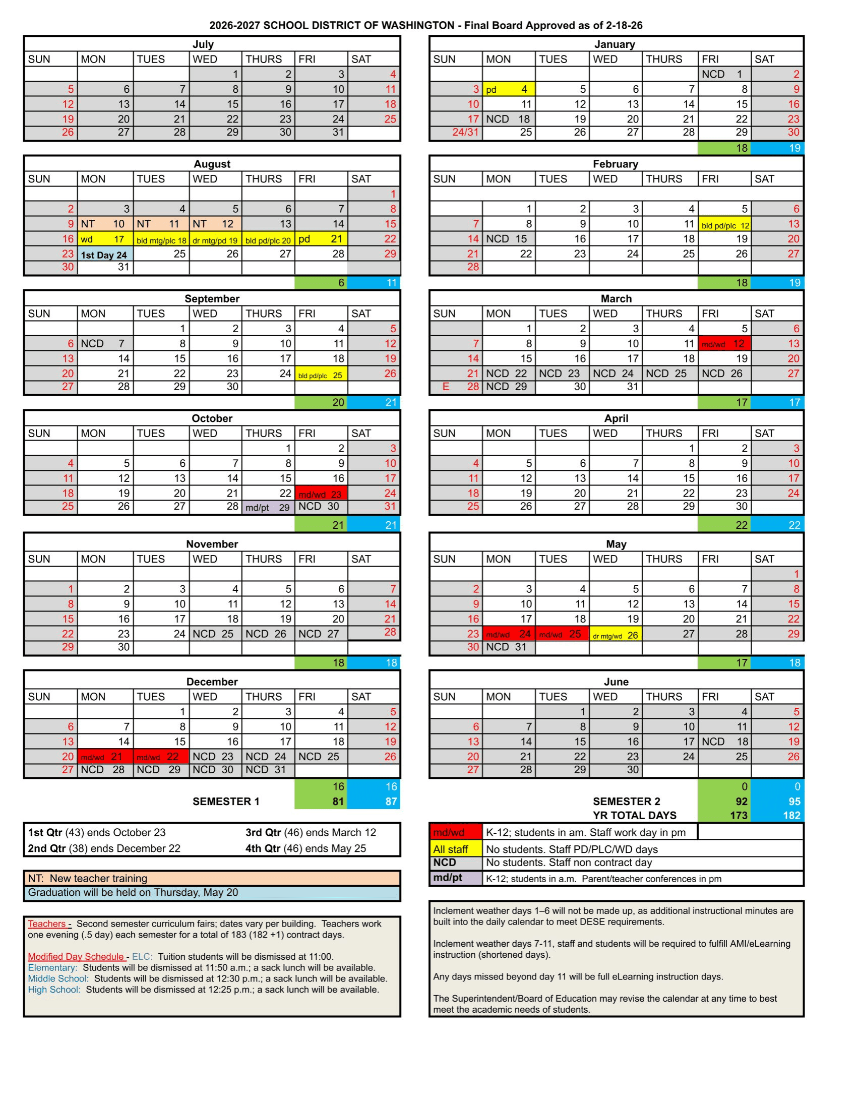 School District of Washington Calendar 26-27 Revised