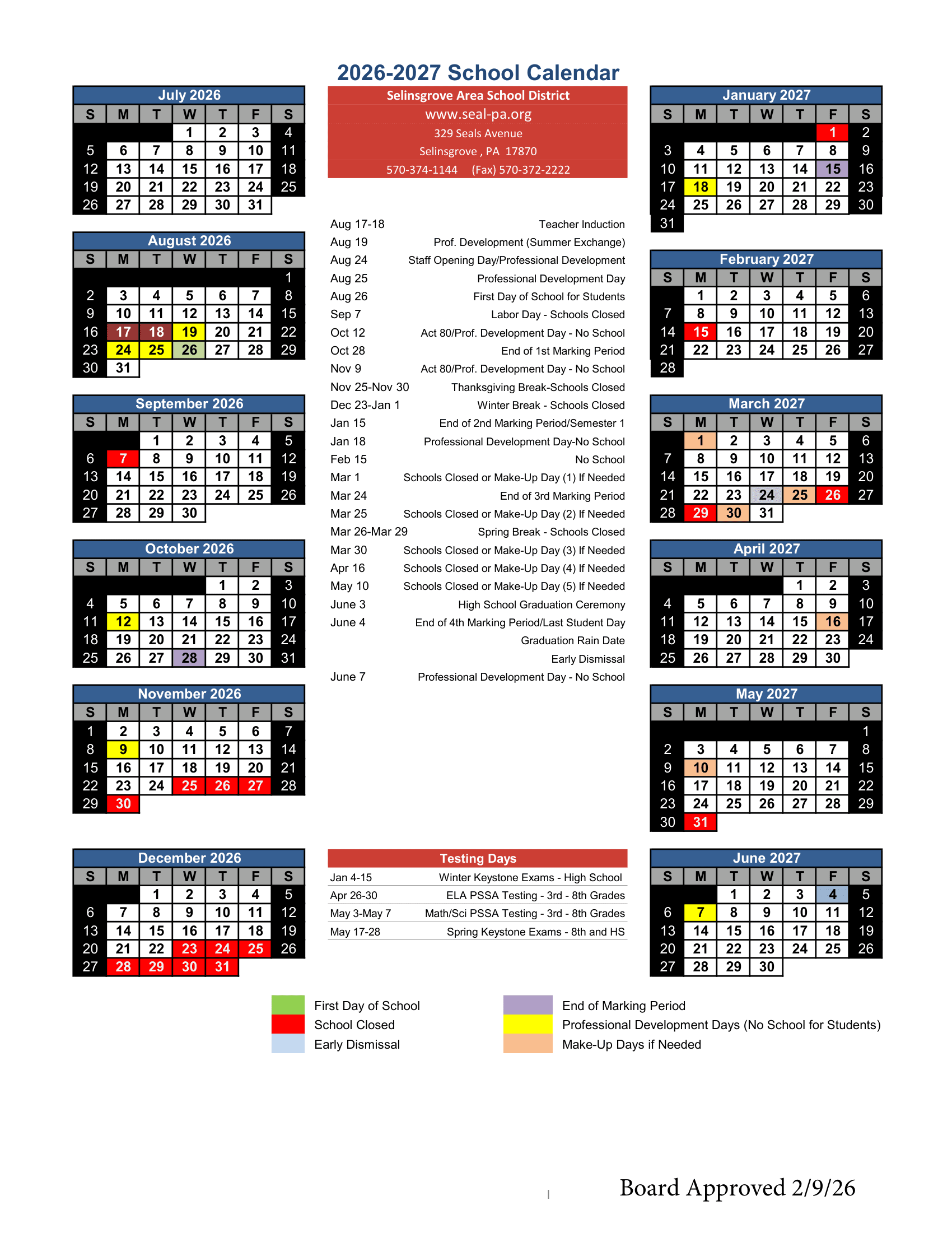 Selinsgrove Area School District Calendar 26-27 Revised