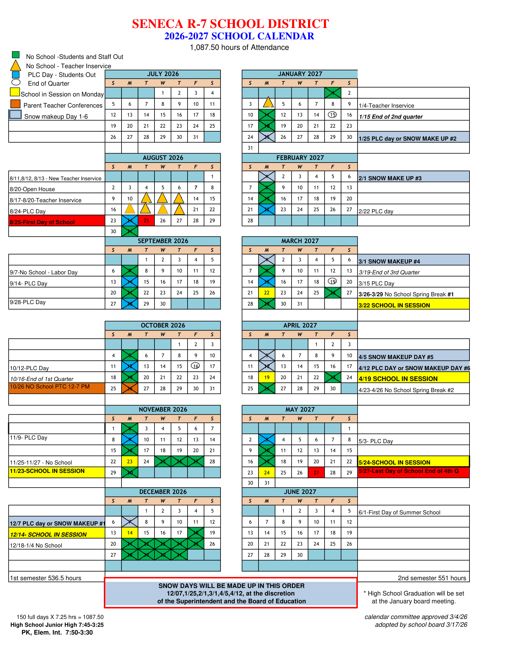 Seneca R-7 School District Calendar 26-27 Revised