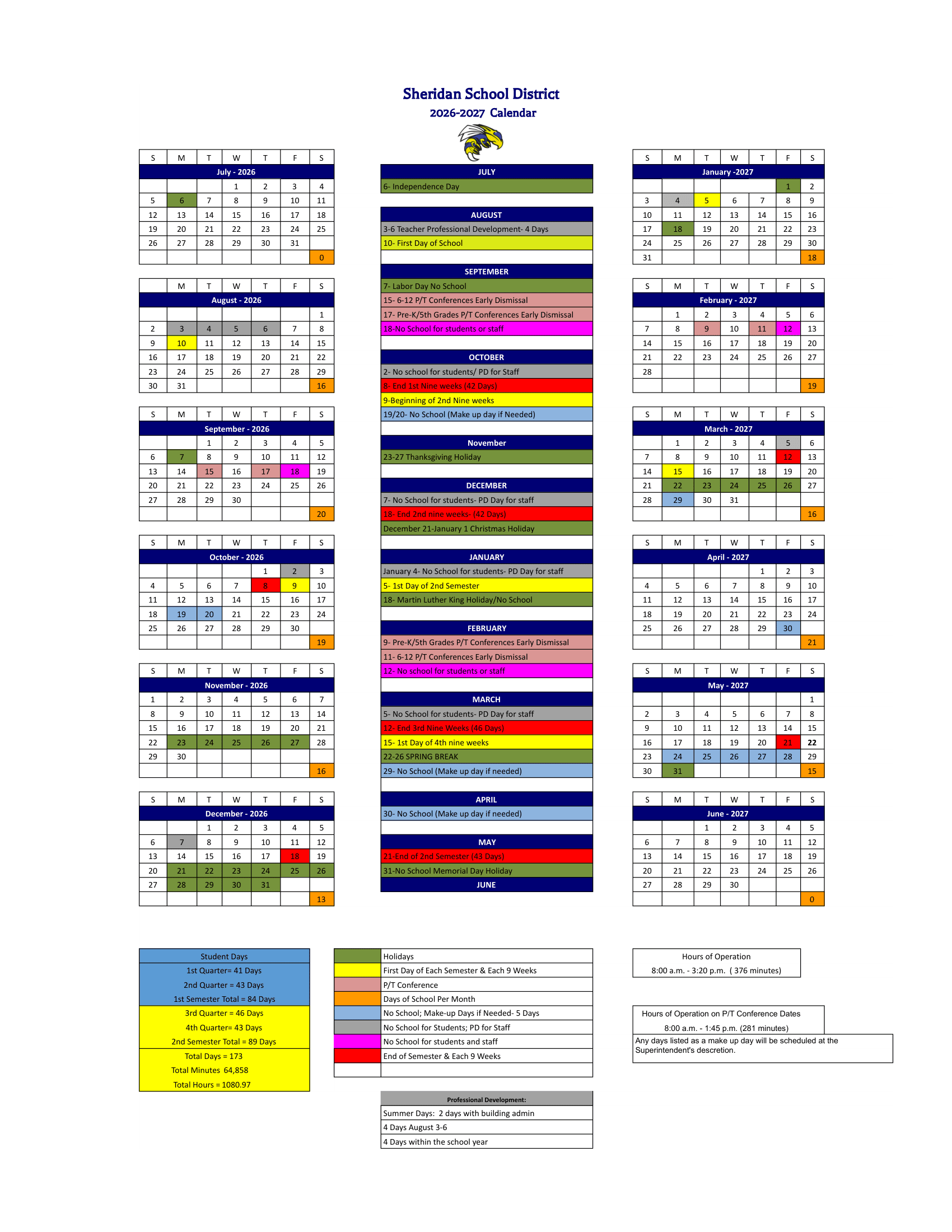 Sheridan School District Calendar 26-27 Revised