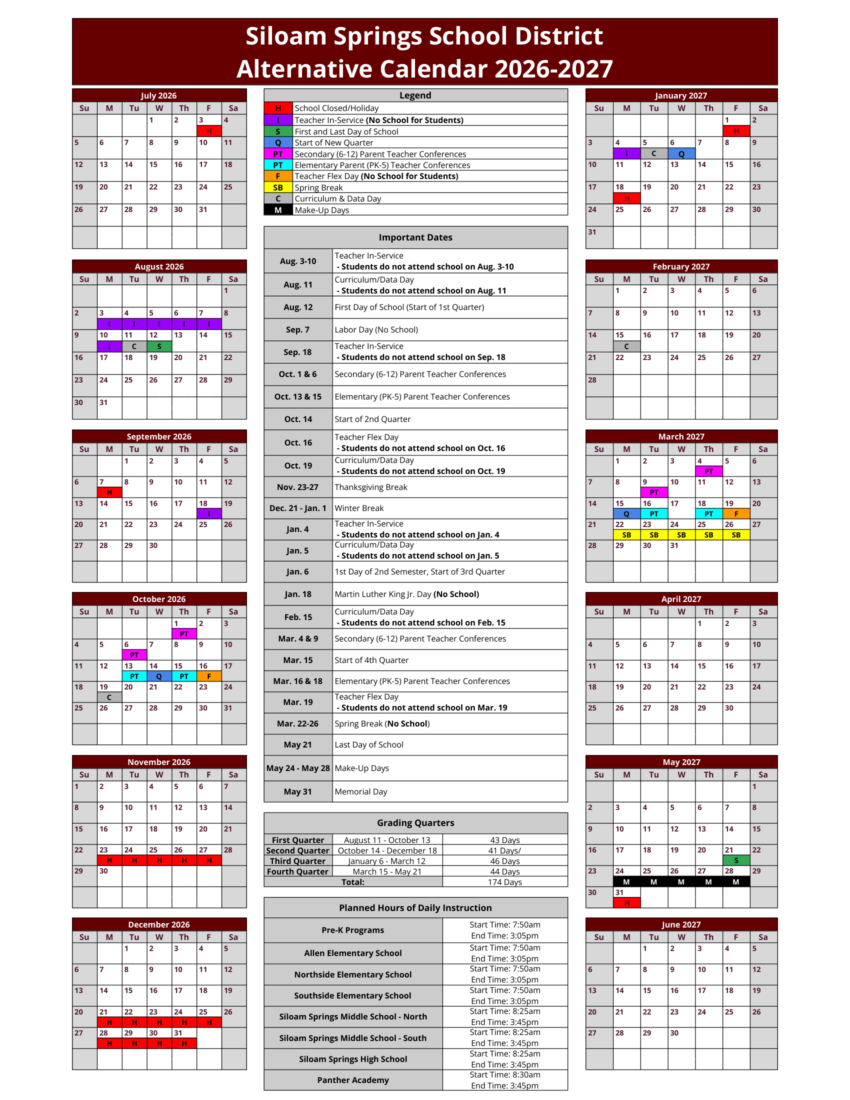 Siloam Springs School District Calendar 26-27 Revised