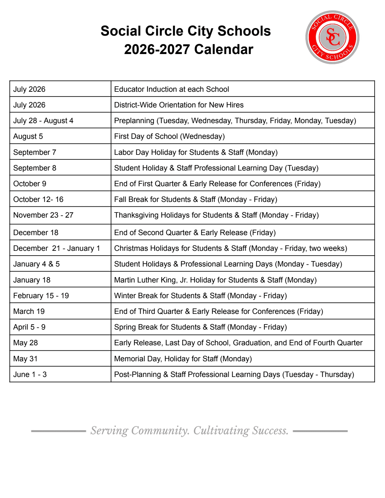 Social Circle City Schools Calendar 26-27 Revised