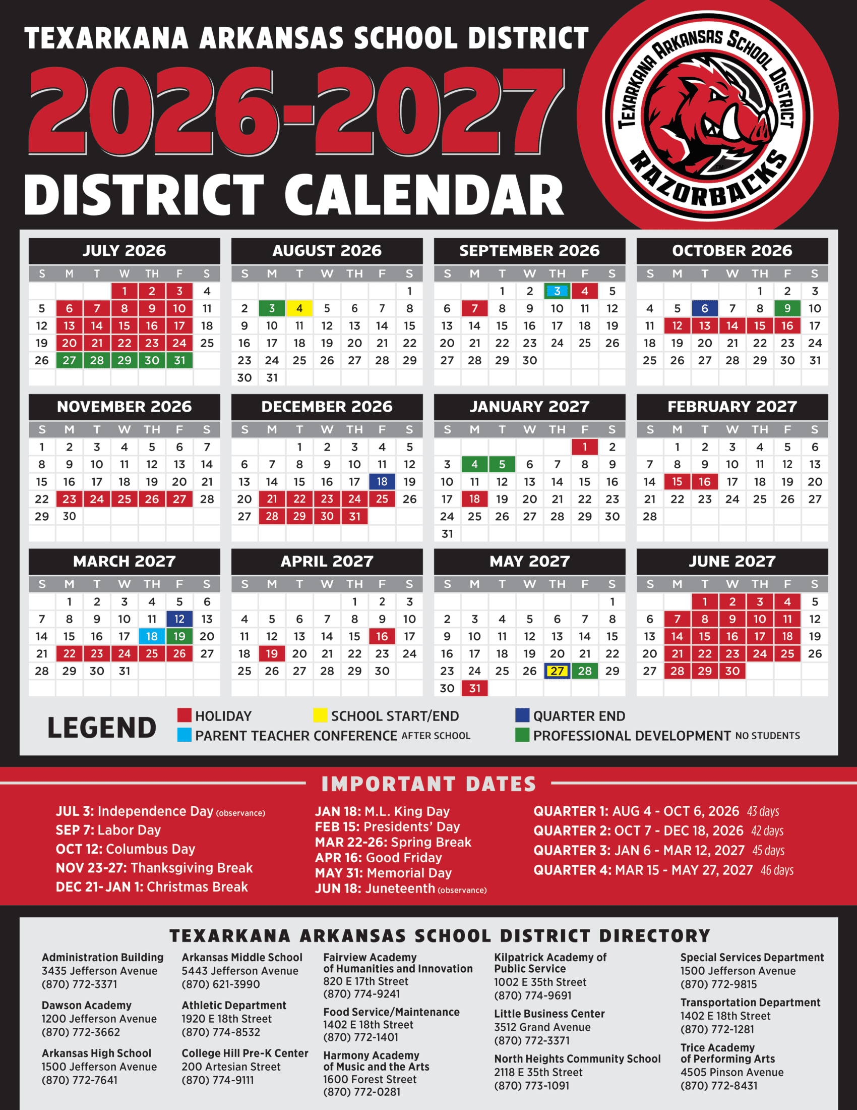 Texarkana Arkansas School District Calendar 26-27 Revised