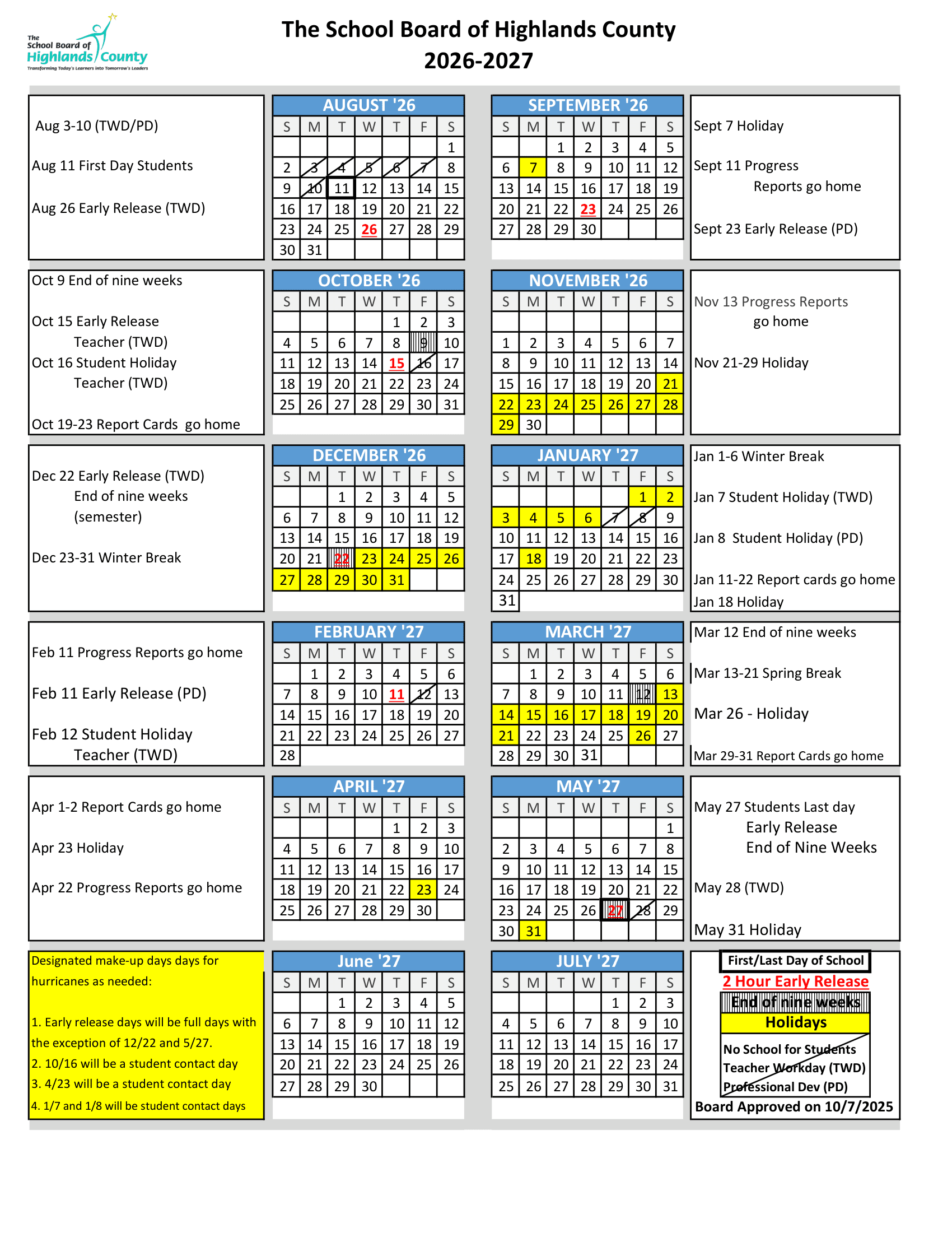 The School Board of Highlands County Calendar 26-27 Revised