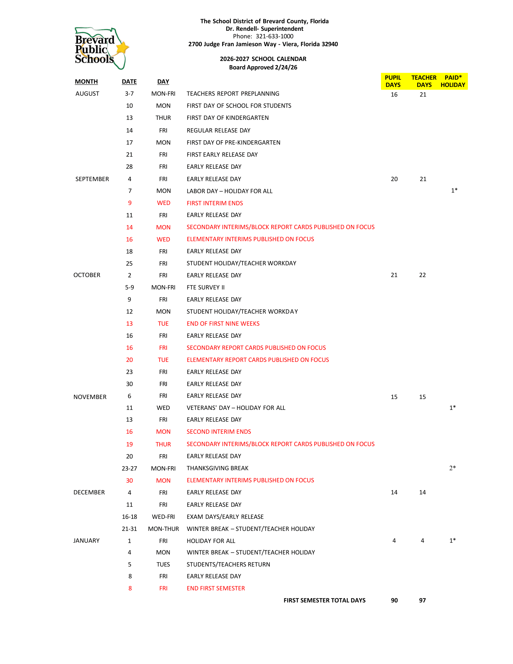 The School District of Brevard County, Florida Calendar 26-27 Revised